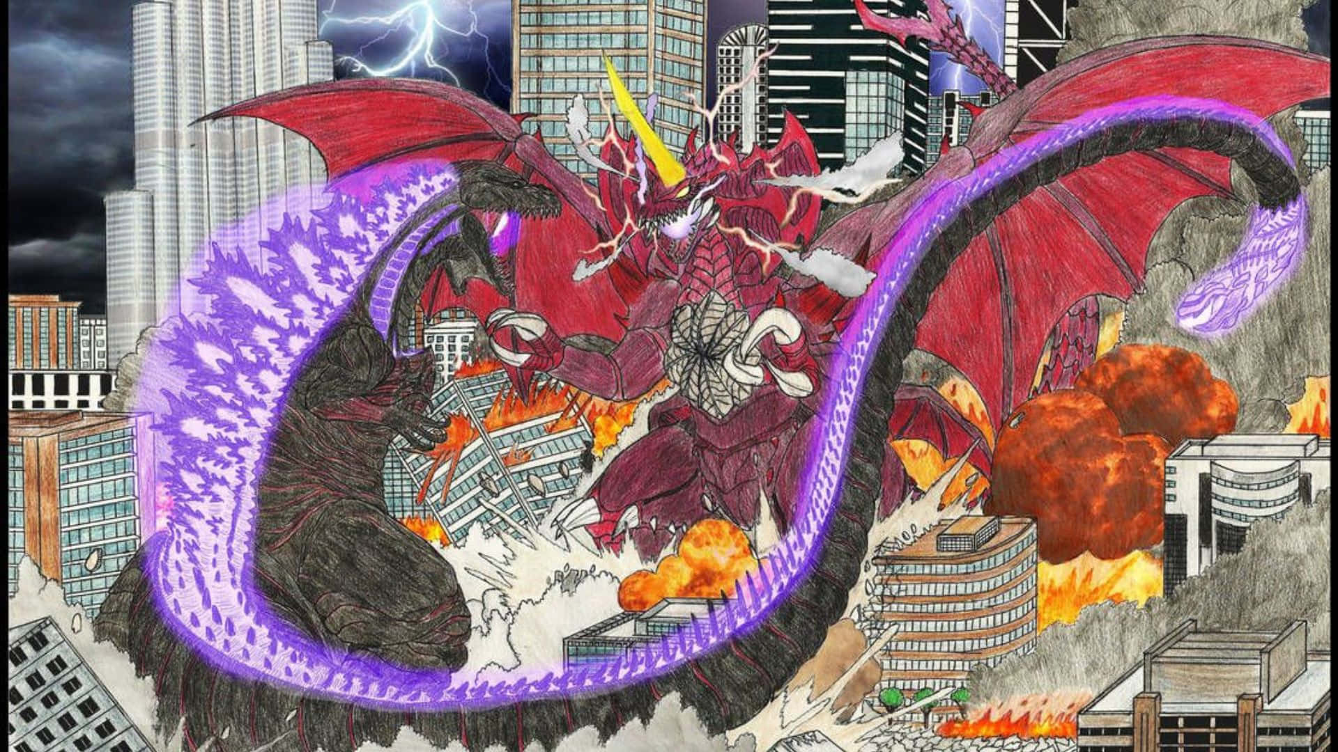 Godzilla Vs Destoroyah 桌布 壁紙 — 一隻帶有紫色能量線圈的巨大紅龍在暴風雨的天空下，於燃燒的城市景觀中與哥吉拉戰鬥。
