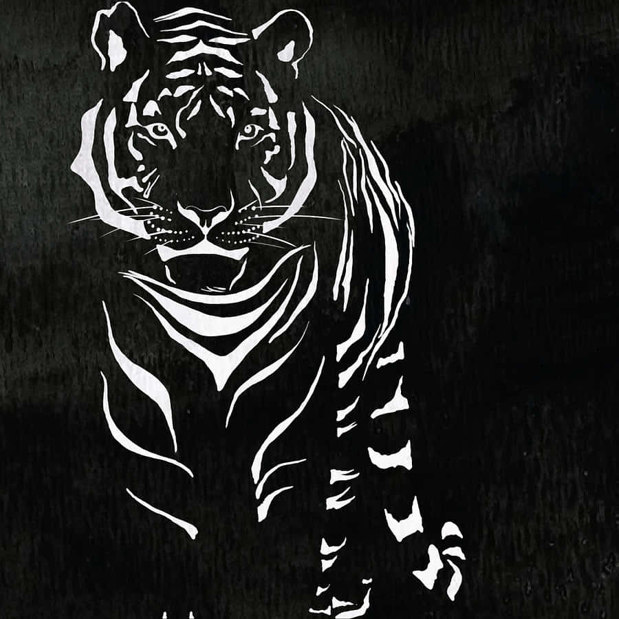Black And White Painting 桌布 壁紙 — 一隻帶有細緻條紋的白色老虎剪影，在帶有紋理的黑色背景上大膽地站立。