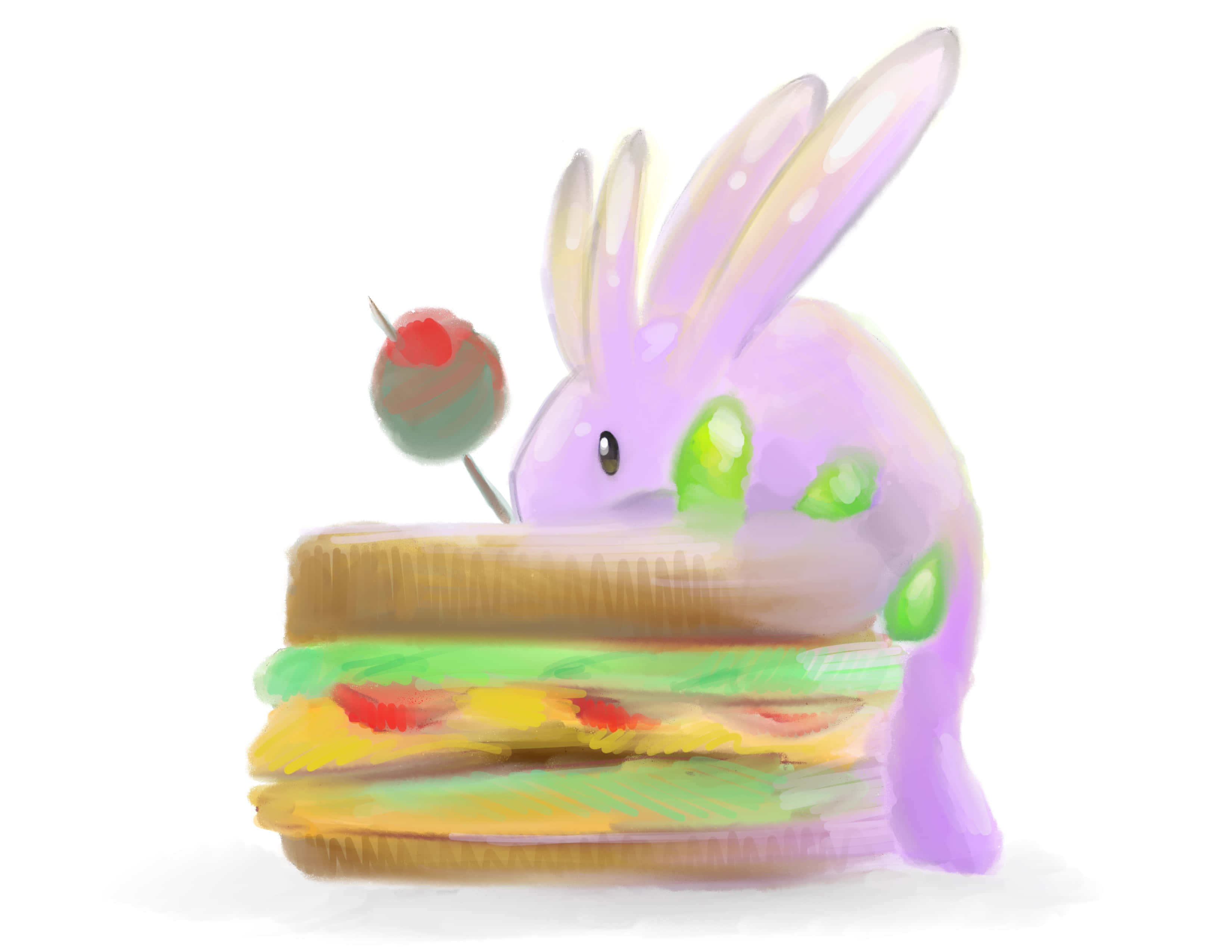 Pokemon Aesthetic 桌布 壁紙 — 一隻帶有綠色斑點的俏皮紫色兔子，從一個色彩繽紛、層層疊疊、頂部有櫻桃的三明治後面探出頭來。
