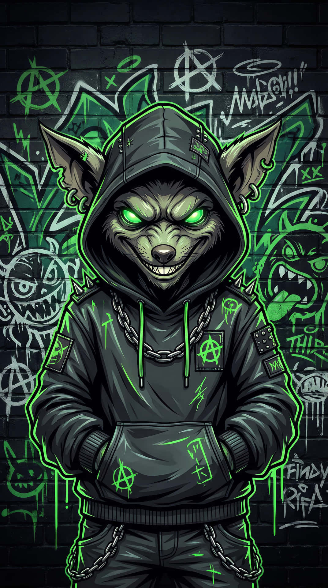 Neon Anarchy 壁紙 — 一隻帶有綠色眼睛、穿著連帽衫的擬人化老鼠，威脅性地站在一面佈滿塗鴉、散發著霓虹綠色光芒的磚牆前。