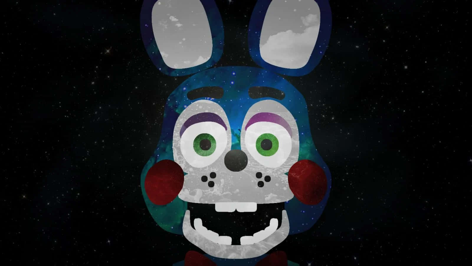Animatronics 桌布 壁紙 — 一隻帶有綠色眼睛和紅色臉頰的威脅性藍色兔子電子動畫，漂浮在星空宇宙背景上。