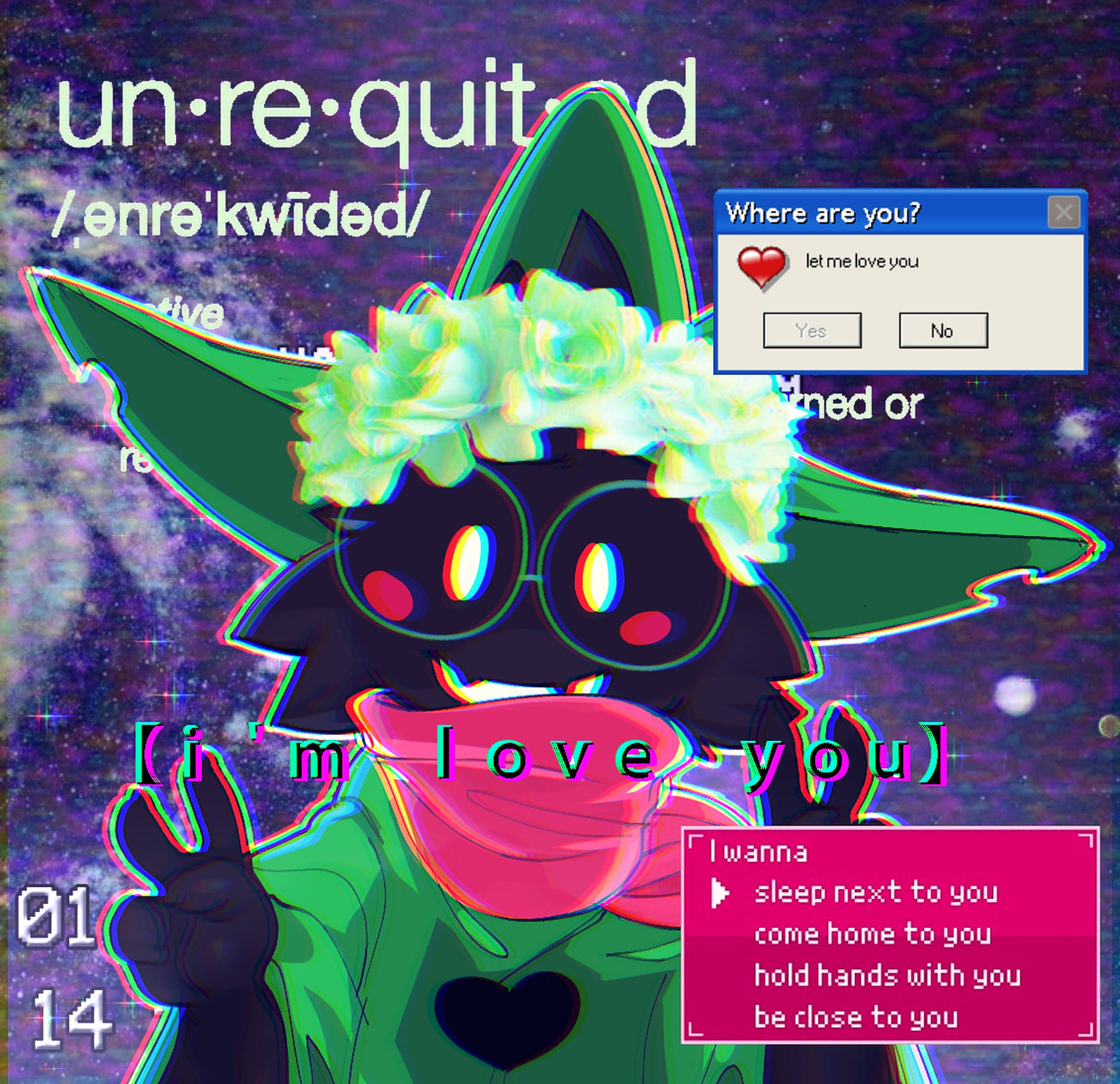 Ralsei 桌布 壁紙 — 一隻帶有綠色耳朵和花冠的故障動漫貓，在繁星點點的紫色天空下擺姿勢，並帶有浪漫文字疊加。