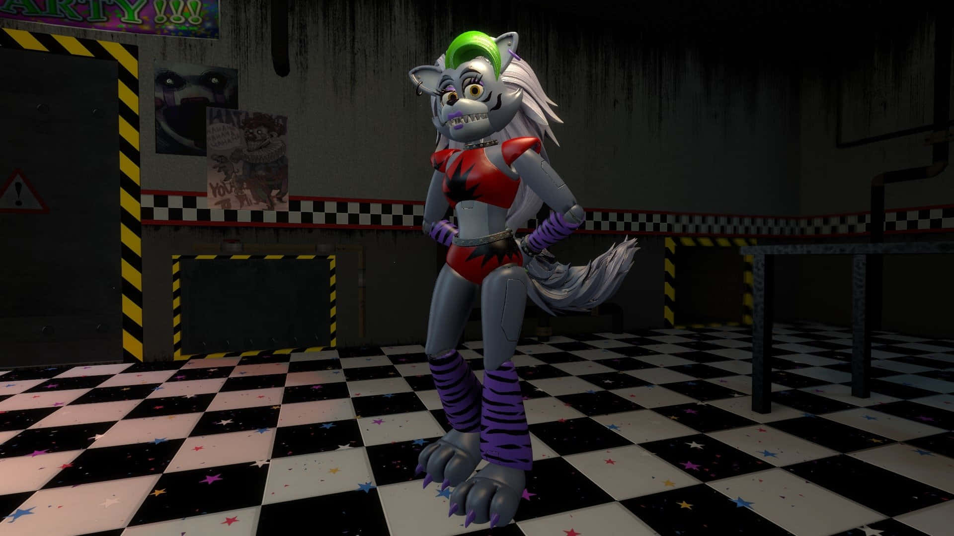 Roxanne Wolf 桌布 壁紙 — 一隻帶有綠色莫西乾頭和紅色服裝的威脅性狼機械人偶，站在一個光線昏暗、黑白格子地板房間裡。