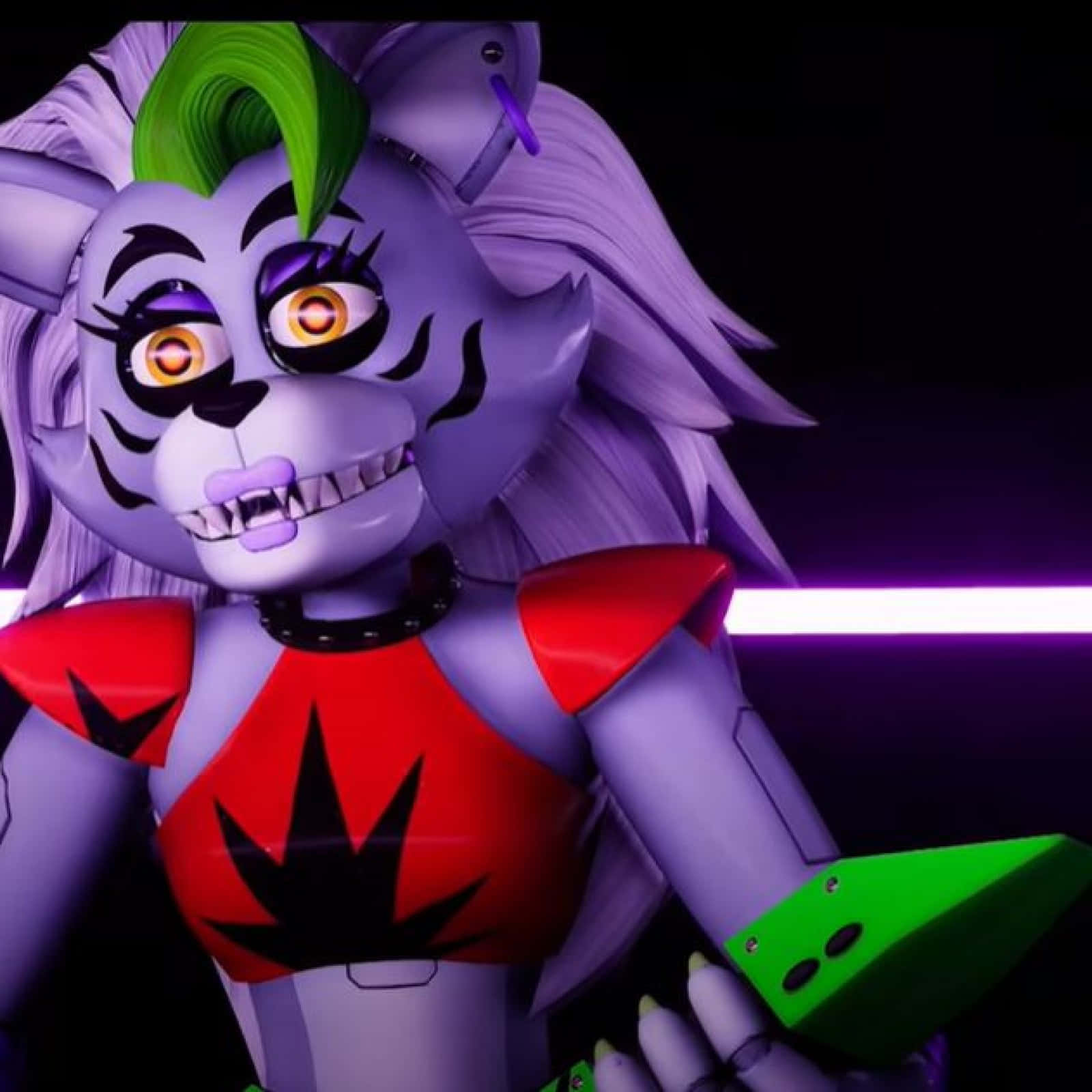 Five Nights At Freddys 桌布 壁紙 — 一隻帶有綠色莫西干頭和發光橙色眼睛的威脅性紫色電子老虎，在黑暗的霓虹燈背景下凝視著。