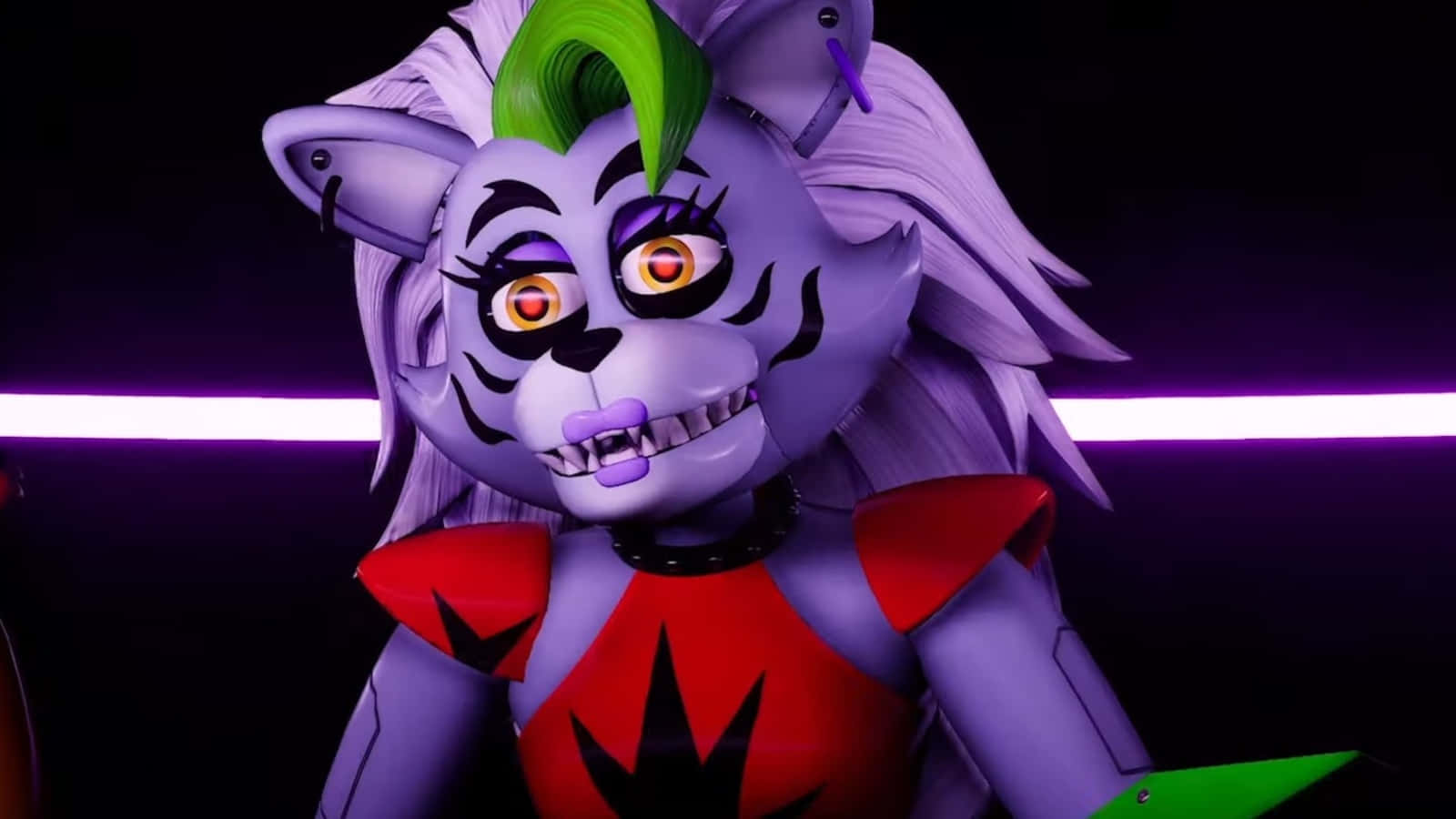 Five Nights At Freddys 桌布 壁紙 — 一隻帶有綠色莫西干頭和發光橙色眼睛的威脅性紫色貓咪電子動畫，在紫色霓虹燈條照亮的黑暗背景下強烈凝視。