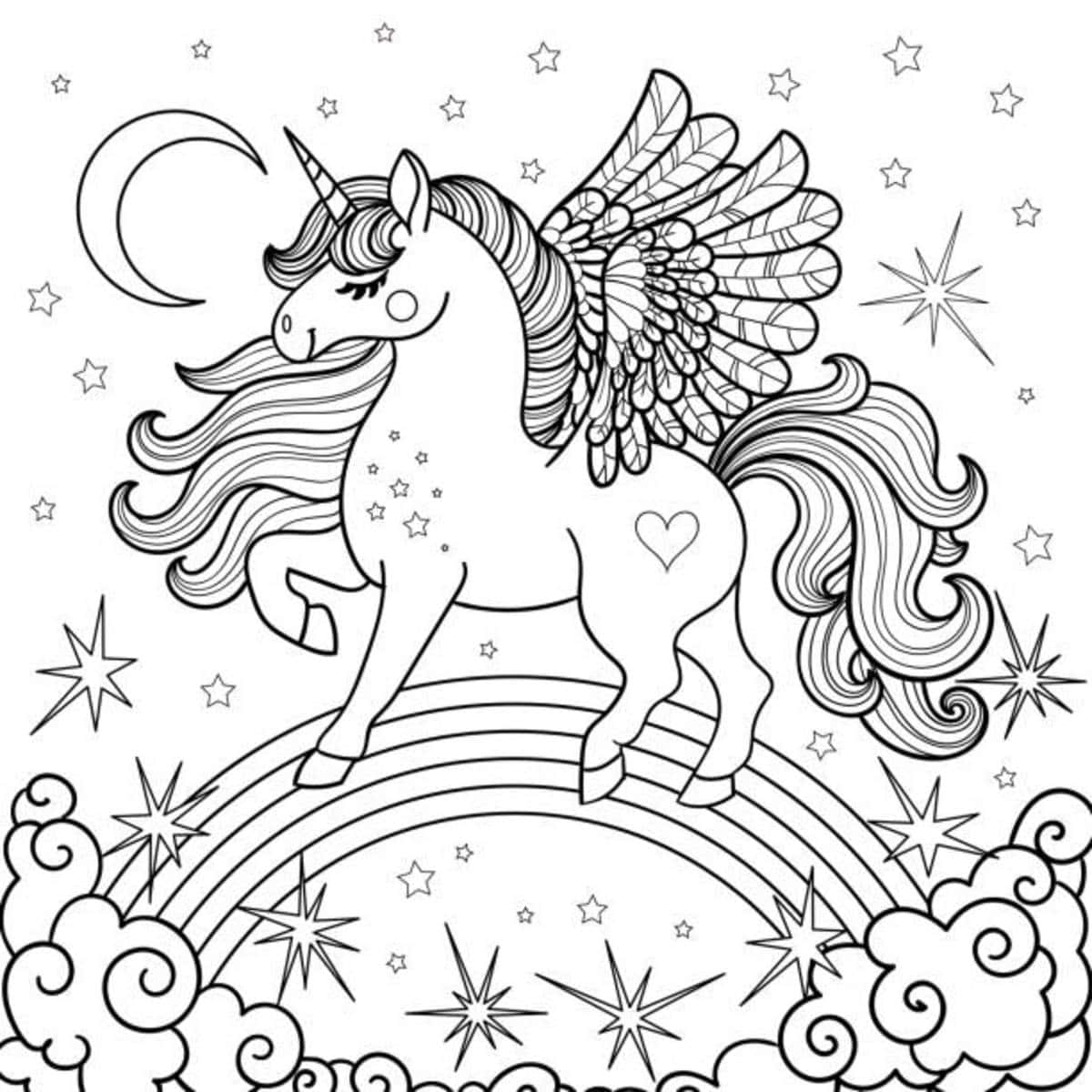 獨角獸 桌布 壁紙 — 一隻帶有羽毛翅膀的奇幻線條藝術獨角獸，在彎月和星星下的彩虹上優雅站立。