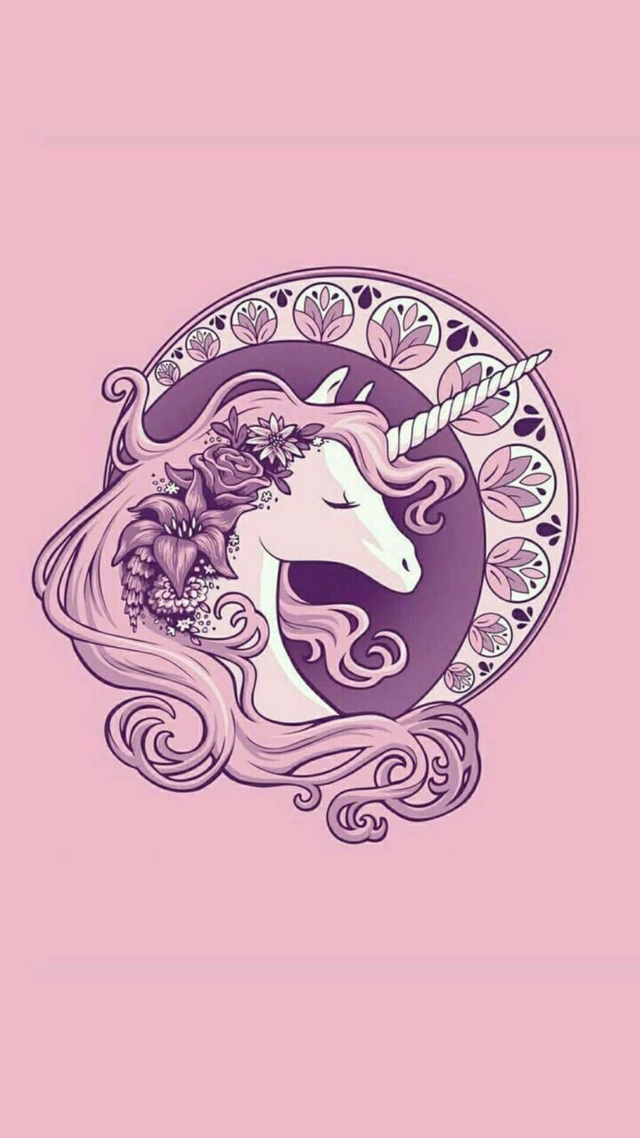 獨角獸 桌布 壁紙 — 一隻帶有花卉裝飾的寧靜紫色獨角獸，在柔和的粉紅色背景上，安放在華麗的圓形框架內。