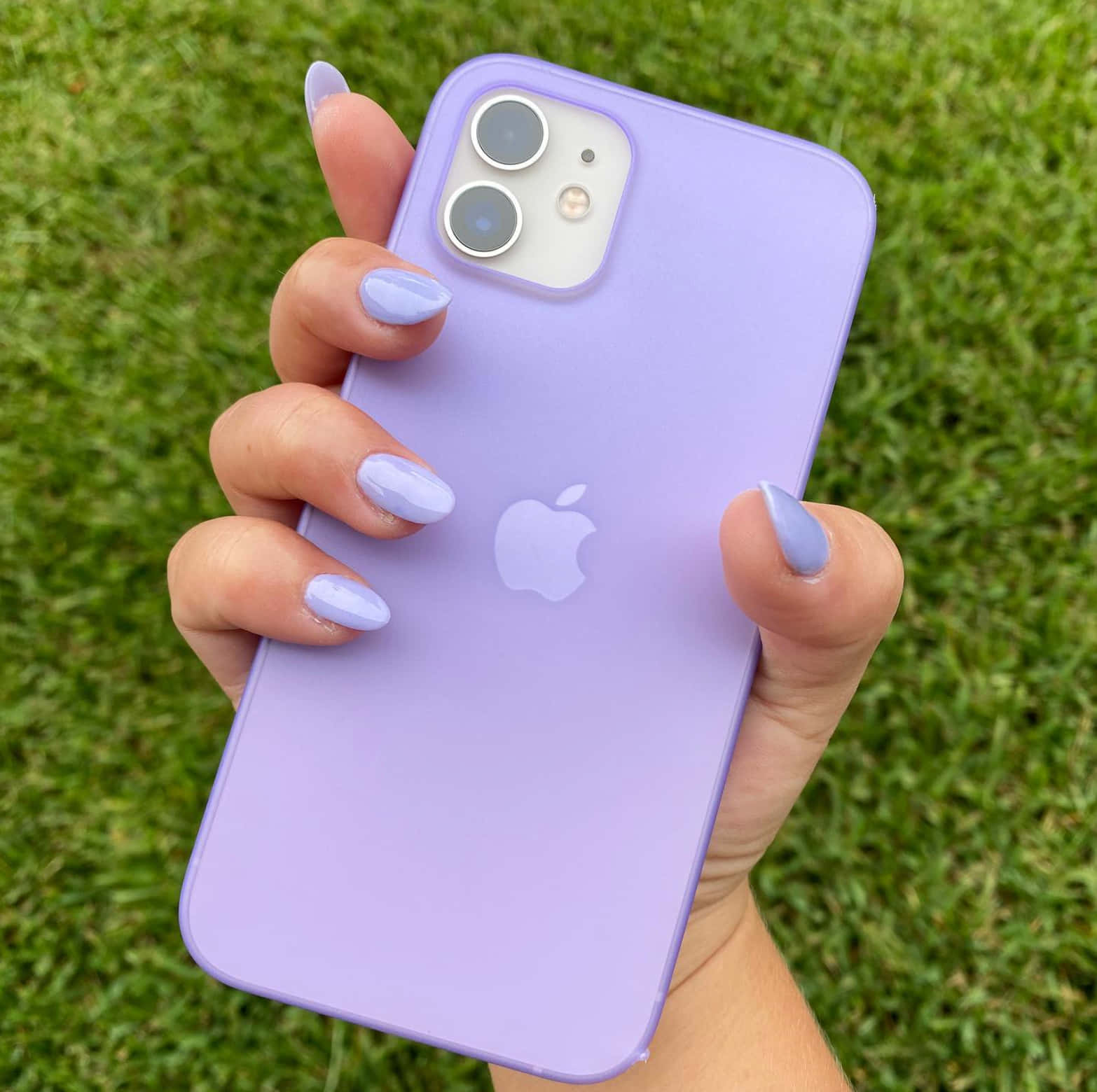 Phone Case 桌布 壁紙 — 一隻帶有薰衣草色指甲的手，在充滿活力的綠色草地背景上拿著一個薰衣草色的iPhone保護殼。