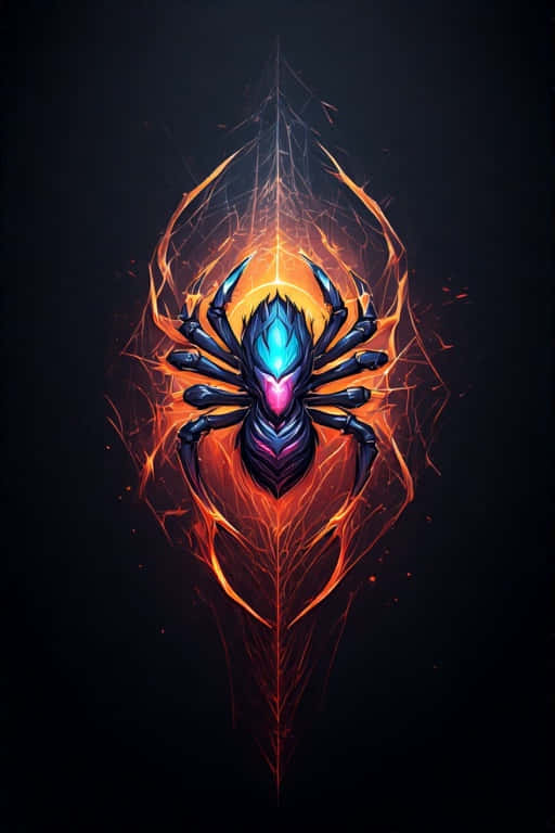 Elegant Arachnid Spider 4K 壁紙 — 一隻帶有藍色和粉紅色點綴的發光機械蜘蛛，坐在橙色火焰蛛網的中心，背景為深色。