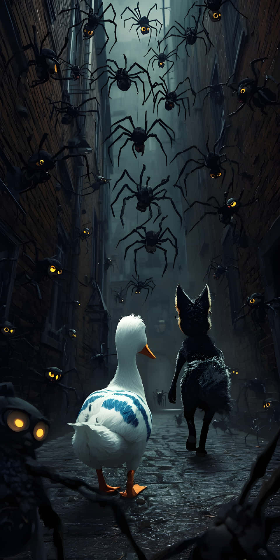 Duck and Fox Surrounded by Glowing Eye Spiders Wallpaper 壁紙 — 一隻帶有藍色標記的白鴨和一隻黑貓走在一條狹窄的小巷中，周圍是發光眼睛的蜘蛛。