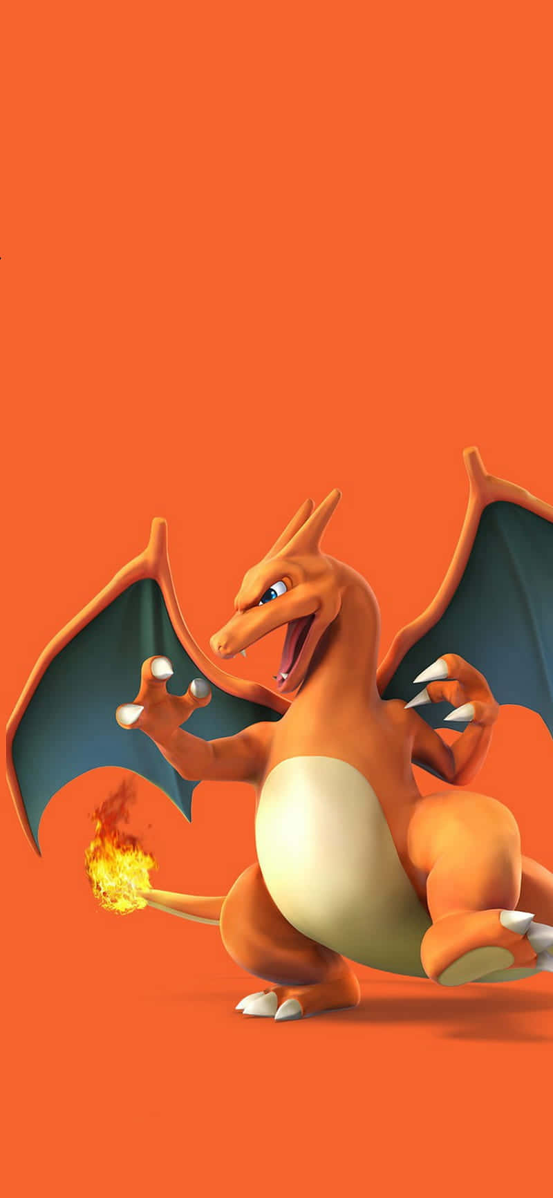 Pokemon Charizard 桌布 壁紙 — 一隻帶有藍色翅膀和火焰尾巴的火橙色龍，驕傲地站在純橙色背景上。