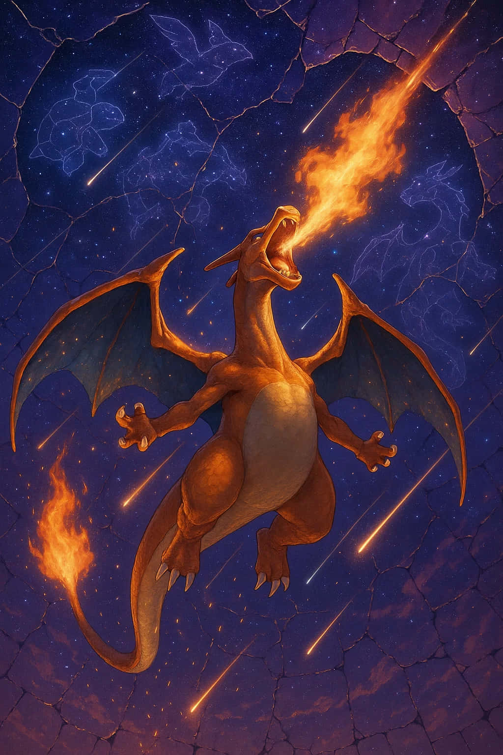 Charizard Pokemon HD Wallpaper WEBP 4K Background Download 壁紙 — 一隻帶有藍色翅膀的火橙色龍，在佈滿星星、發光星座和墜落流星的紫色天空中噴射火焰。