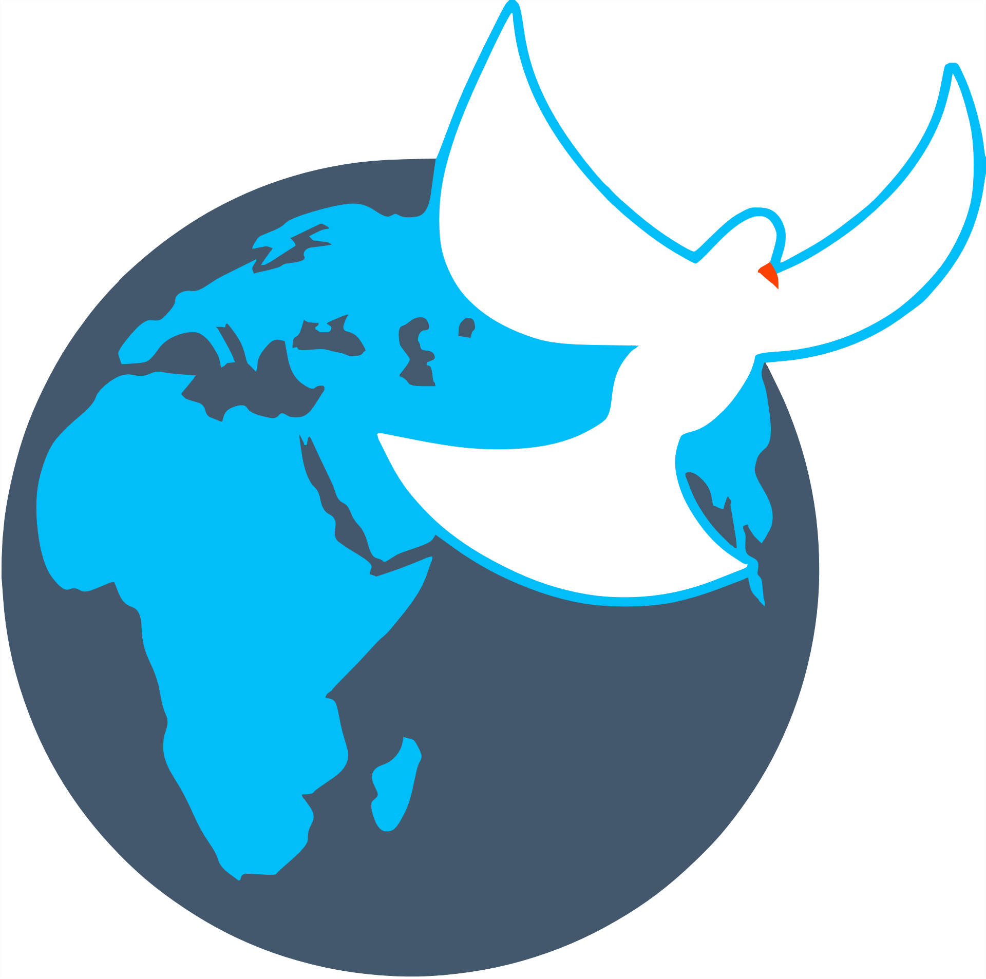 World 桌布 壁紙 — 一隻帶有藍色輪廓的白鴿優雅地飛過一個風格化的藍灰色地球儀，突出非洲和歐洲。
