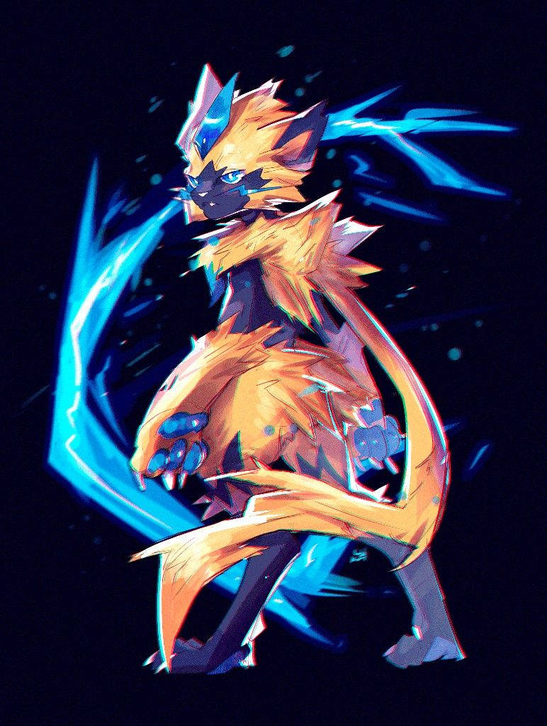 Zeraora 桌布 壁紙 — 一隻帶有藍色閃電效果的熾熱橙色狐狸狀生物，在黑暗背景前動態站立。