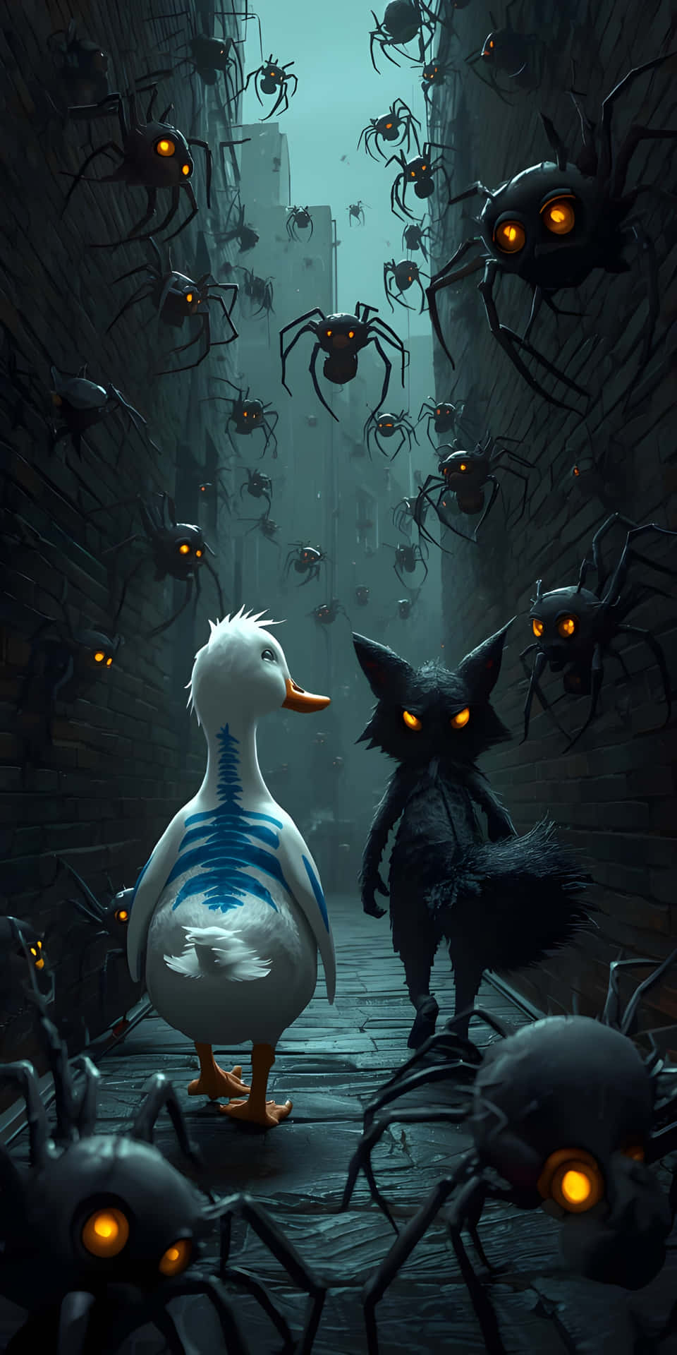 Mysterious Journey of Duck and Fox through Spider Lane Wallpaper 壁紙 — 一隻帶有藍色骷髏標記的白鴨在狹窄的小巷中挑釁地站立，而發光眼睛的蜘蛛在牠周圍蜂擁，一隻發光眼睛的黑貓正在靠近。
