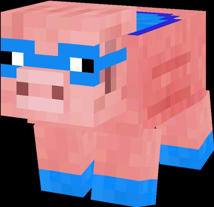 Minecraft Pig 桌布 壁紙 — 一隻帶有藍色點綴的像素化粉紅色豬，以方塊狀的Minecraft風格站在黑色背景前。
