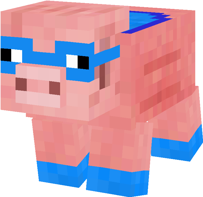 Minecraft Character 桌布 壁紙 — 一隻帶有藍色點綴的像素化粉紅豬，以方塊Minecraft風格站在純色背景前。