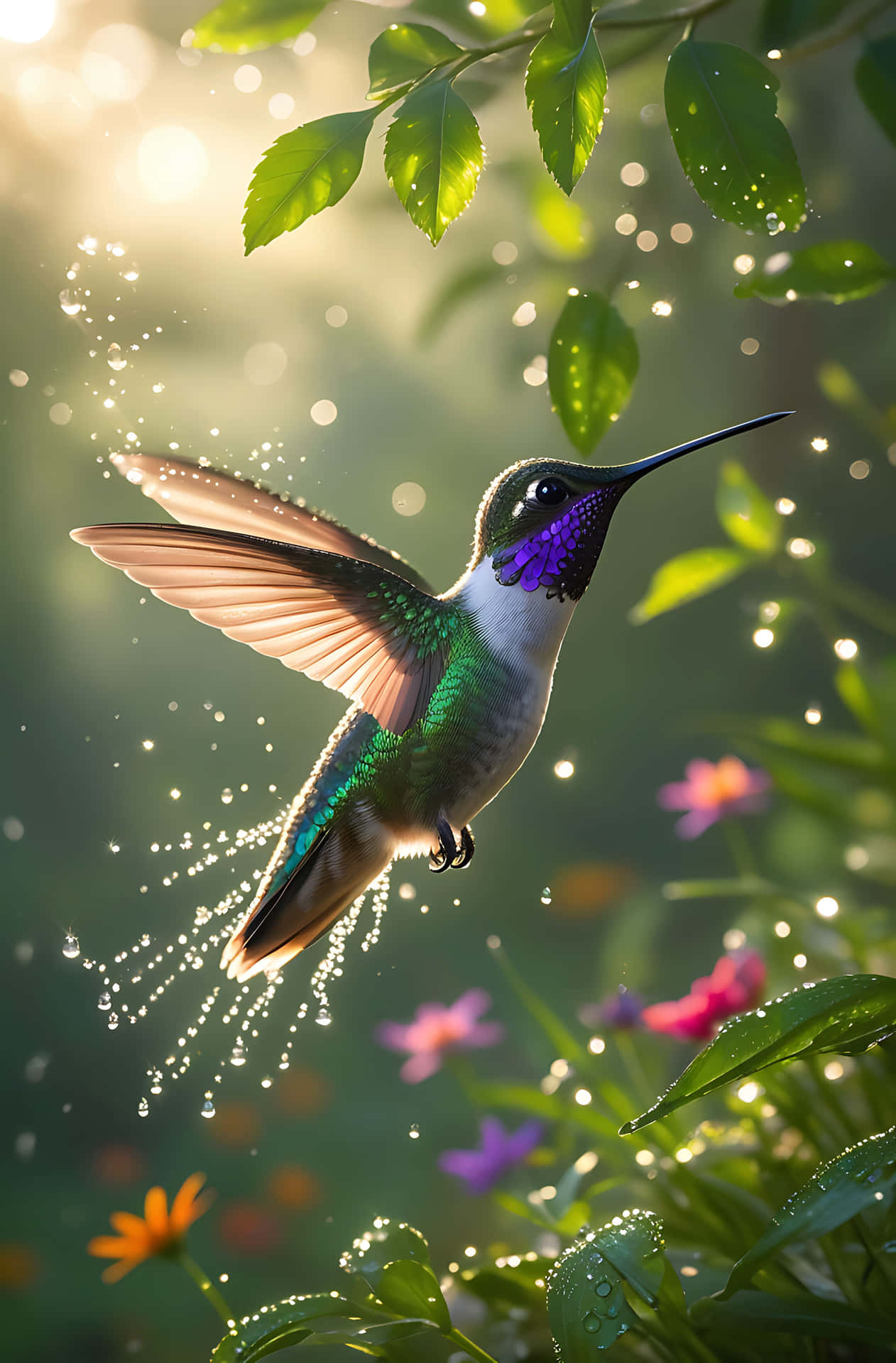 Hummingbird in flight among blooms 壁紙 — 一隻帶有虹彩綠色和紫色羽毛的蜂鳥在空中盤旋，周圍環繞著閃閃發光的露珠和鮮豔的花朵。