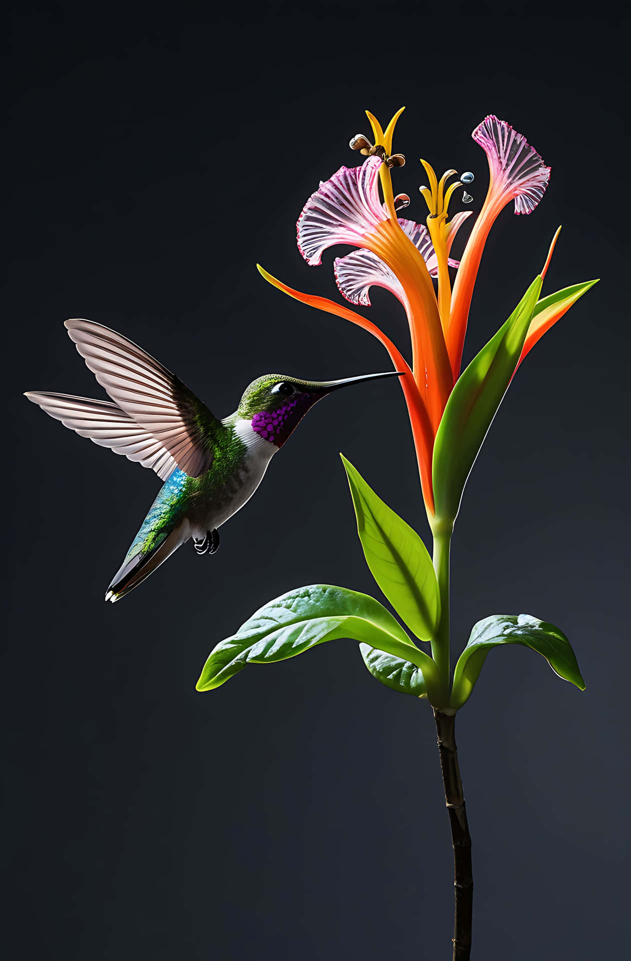 Hummingbird feeding on vibrant flower 壁紙 — 一隻帶有虹彩綠色和紫色羽毛的蜂鳥在深色背景下盤旋在鮮豔的橙色和粉紅色花朵附近。