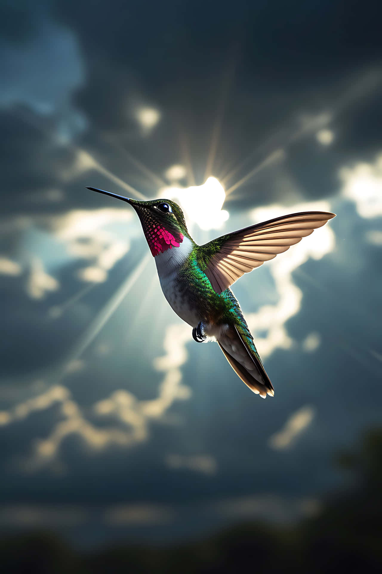 Hummingbird in flight against sunlit sky 壁紙 — 一隻帶有虹彩綠色羽毛和粉紅色喉嚨的蜂鳥在戲劇性的多雲天空中盤旋，陽光穿透雲層。