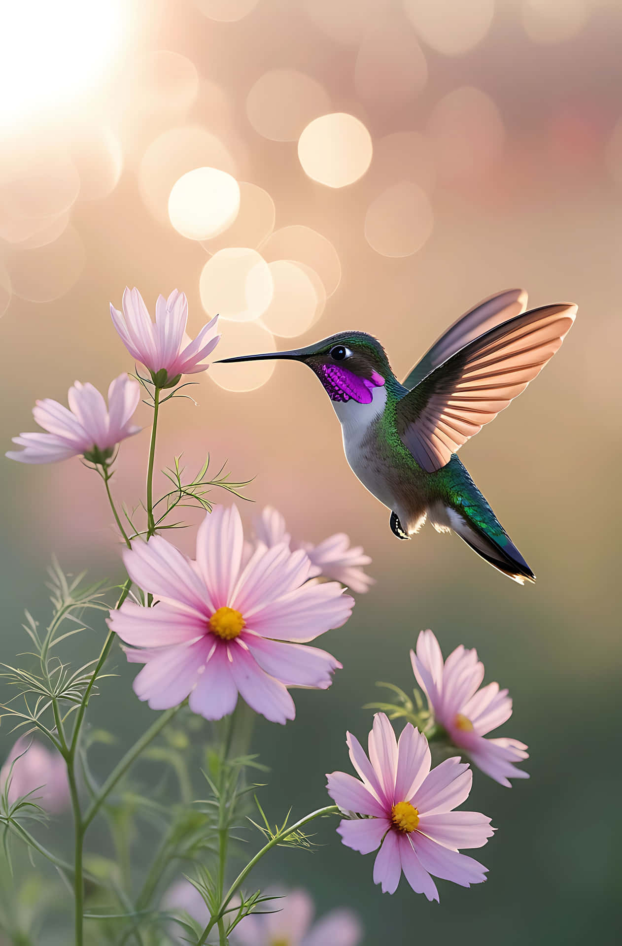 Hummingbird feeding on pink flowers 壁紙 — 一隻帶有虹彩綠色羽毛和紫色喉嚨的蜂鳥在溫暖的散景背景下徘徊在粉紅色波斯菊附近。
