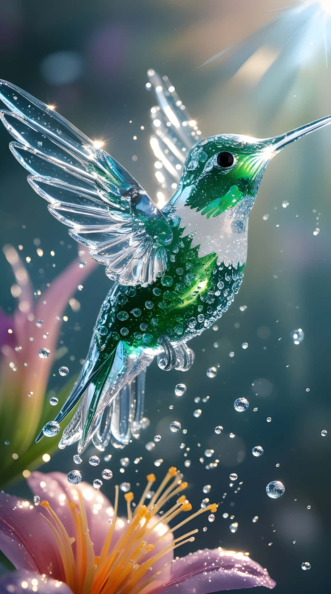 A harming bird flying wallpaper 壁紙 — 一隻帶有虹彩綠色羽毛的玻璃蜂鳥在粉紅色花朵附近盤旋，陽光穿過閃閃發光的水滴。