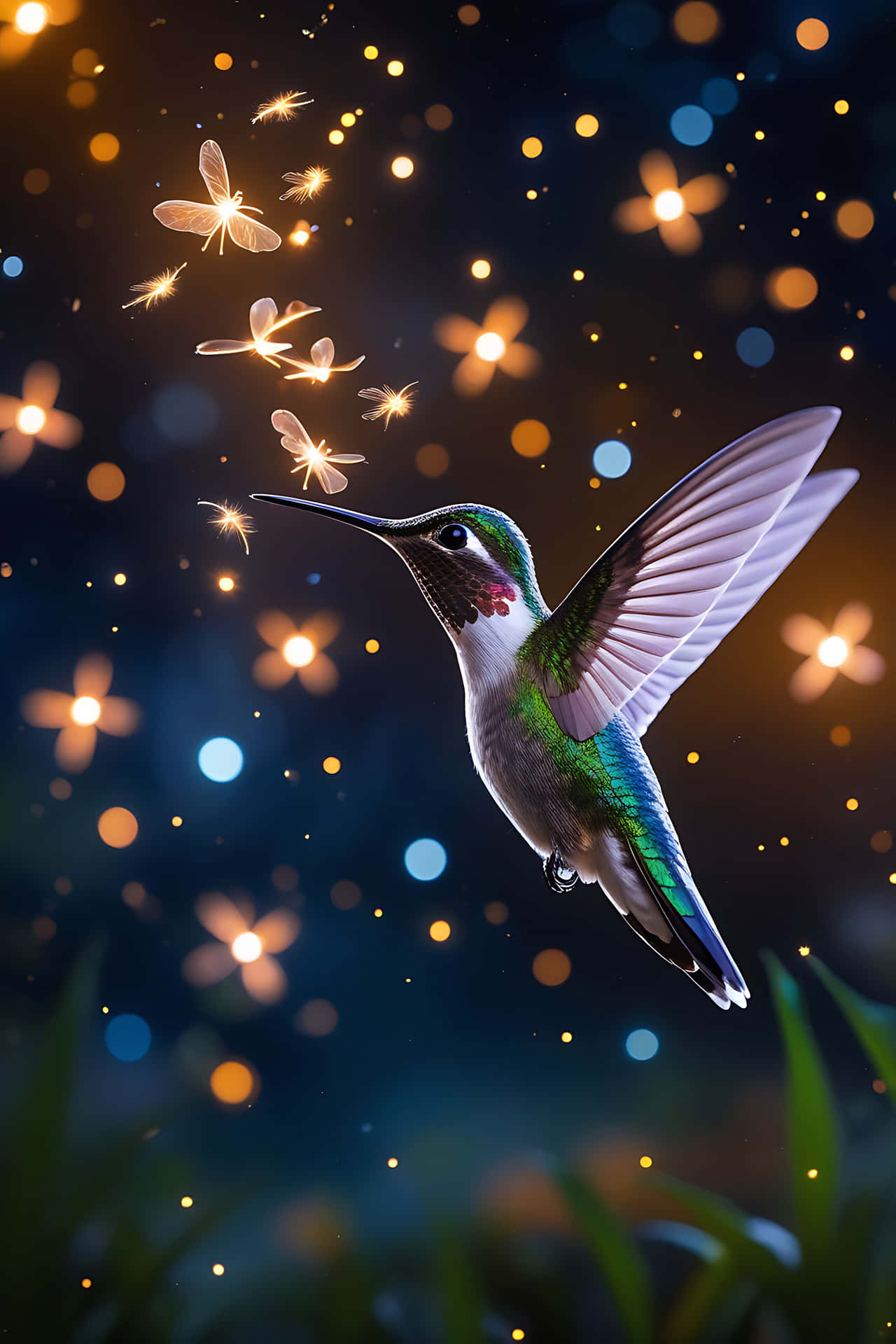 一隻蜂鳥在夜間黑暗的森林中盤旋在發光的螢火蟲附近。 — 鳥 壁紙