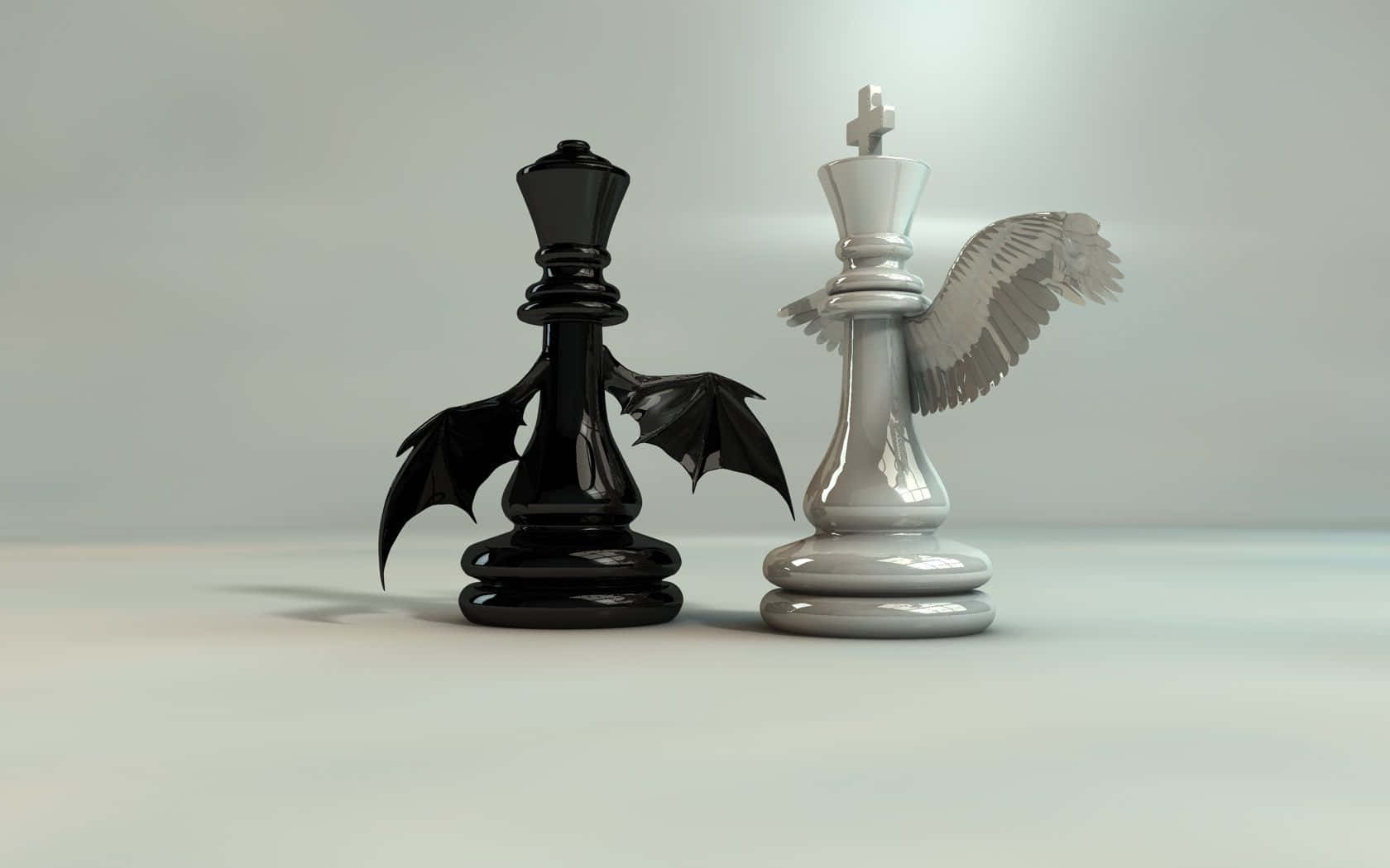 西洋棋 桌布 壁紙 — 一隻帶有蝙蝠翅膀的黑色西洋棋國王，在極簡工作室環境中面對一隻帶有天使翅膀的白色西洋棋國王。