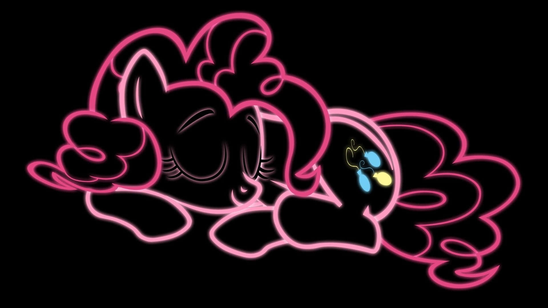 pinkie pie 桌布 壁紙 — 一隻帶有螢光粉紅色輪廓的小馬在黑色背景上安詳地睡覺，其側腹附近有發光的藍色和黃色氣球。