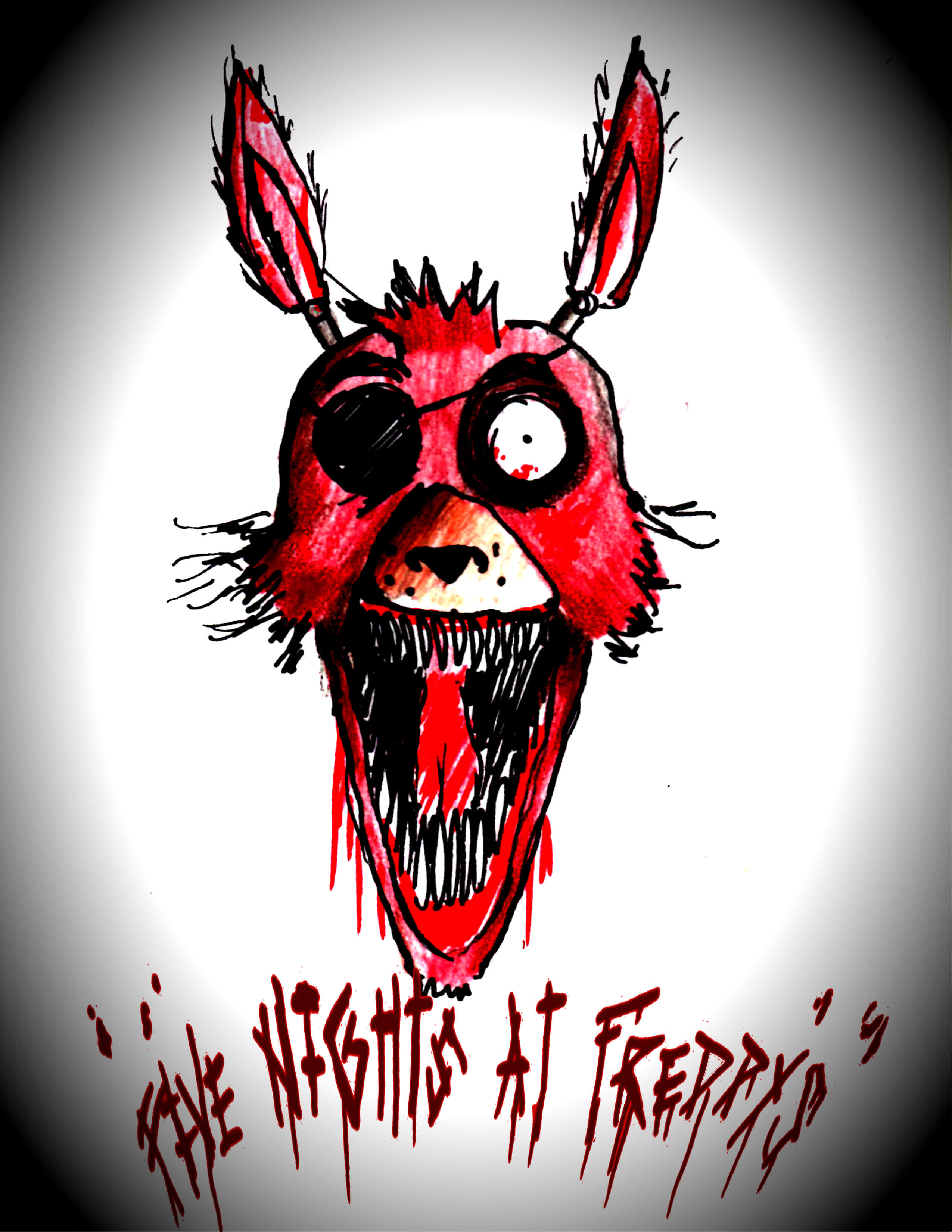 Fnaf Foxy 桌布 壁紙 — 一隻帶有血絲眼睛和滴血嘴巴的威脅性紅色電子兔，在純白背景上凝視著。
