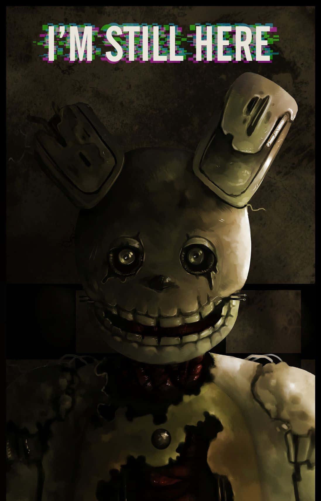 Springtrap 桌布 壁紙 — 一隻帶有裂紋油漆和發光眼睛的威脅性電子動畫兔子，在故障文字橫幅下直視前方。