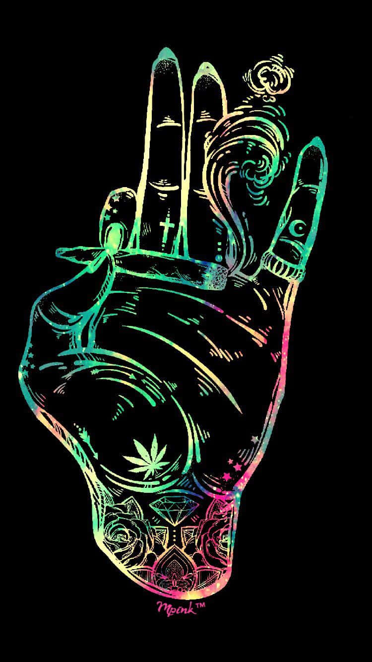 迷幻 桌布 壁紙 — 一隻帶有複雜刺青和香菸的霓虹色手，在黑色背景上發光。