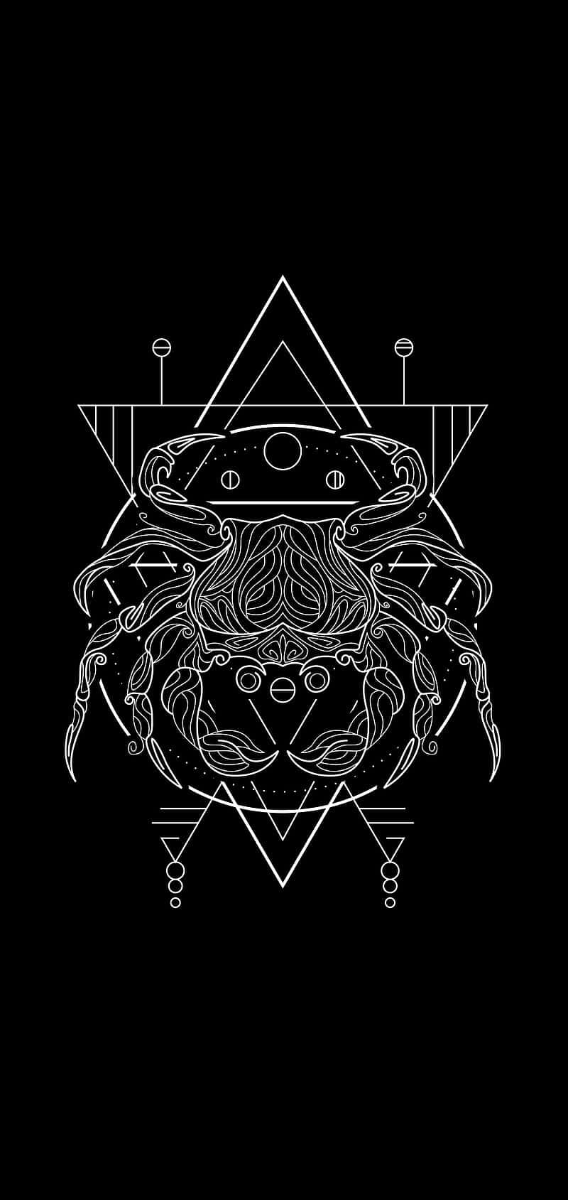 Cancer Zodiac Sign 桌布 壁紙 — 一隻帶有複雜圖案的白色線條藝術螃蟹，位於黑色背景上的幾何形狀中央。
