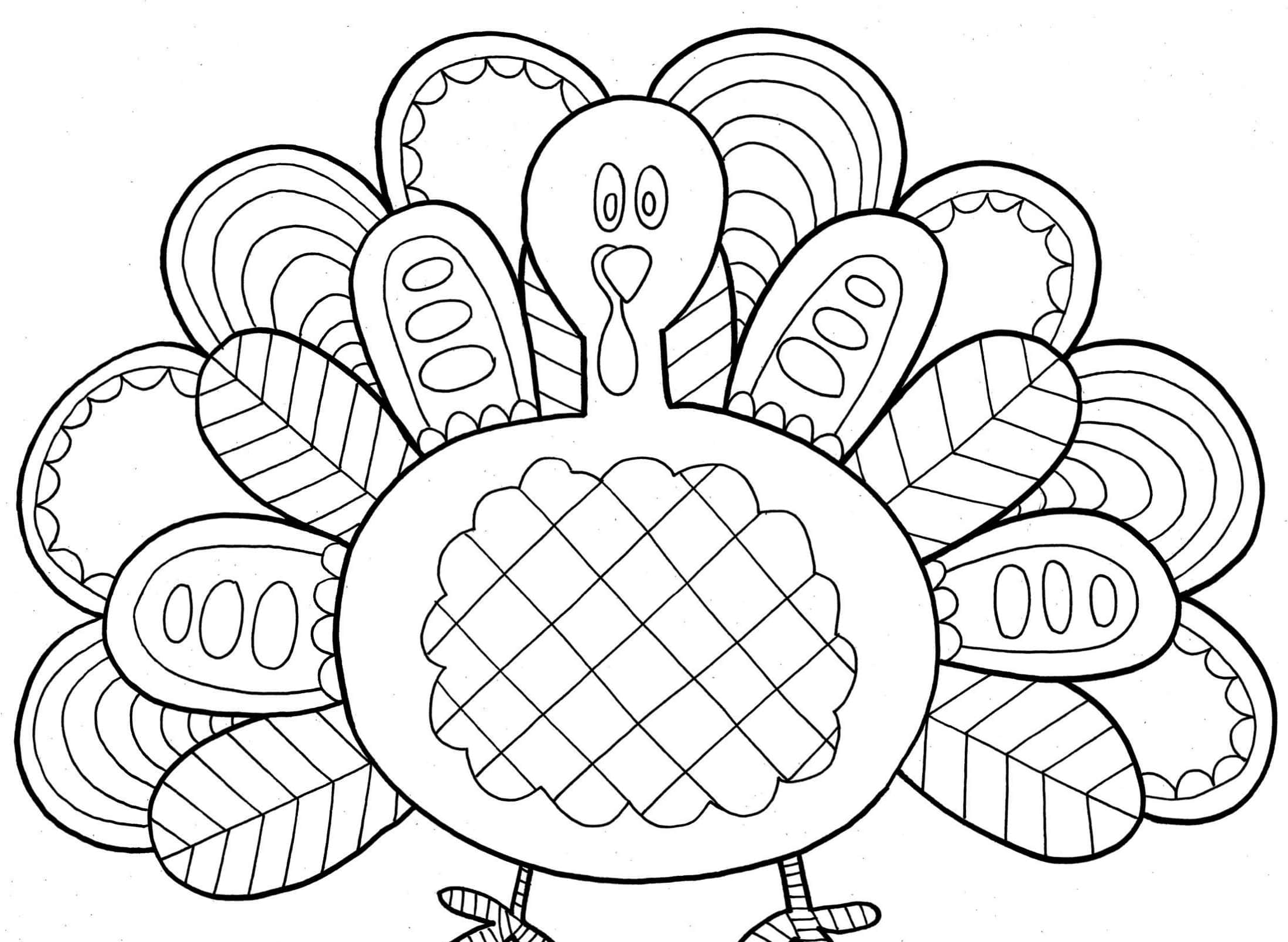 Thanksgiving Coloring 桌布 壁紙 — 一隻帶有複雜羽毛圖案和豐滿身體的奇思妙想火雞，準備好被上色。