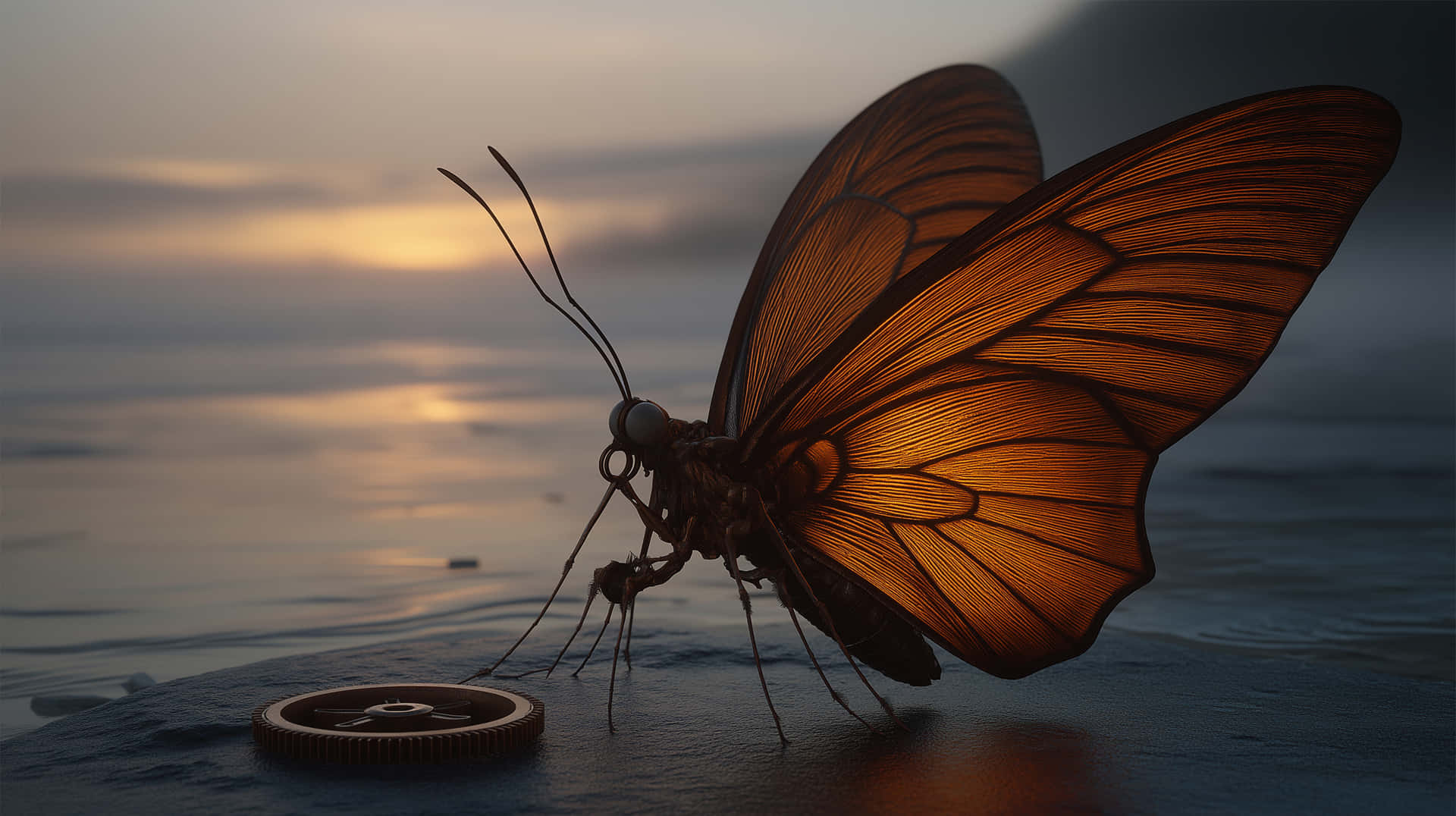 Clockwork Butterfly at Sunset by Water with Gear Element 壁紙 — 一隻帶有複雜翅脈的大型半透明橙色蝴蝶在日落時棲息在水邊的齒輪上。