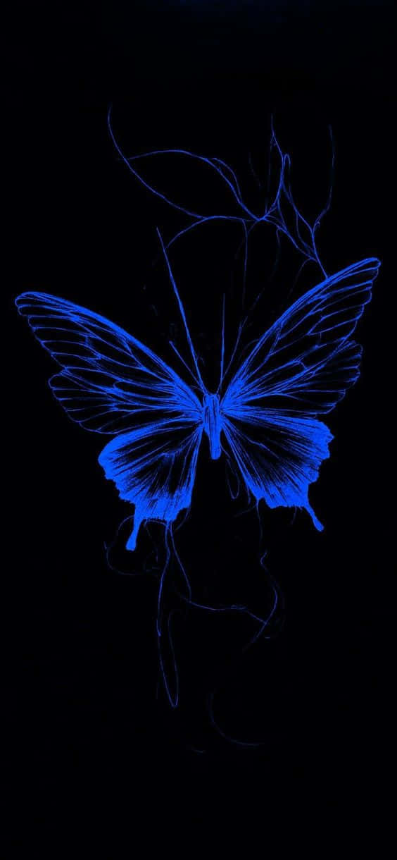 Cool Butterfly 桌布 壁紙 — 一隻帶有複雜翅脈的發光藍色蝴蝶，漂浮在純黑色背景上，周圍環繞著微弱的發光樹枝。