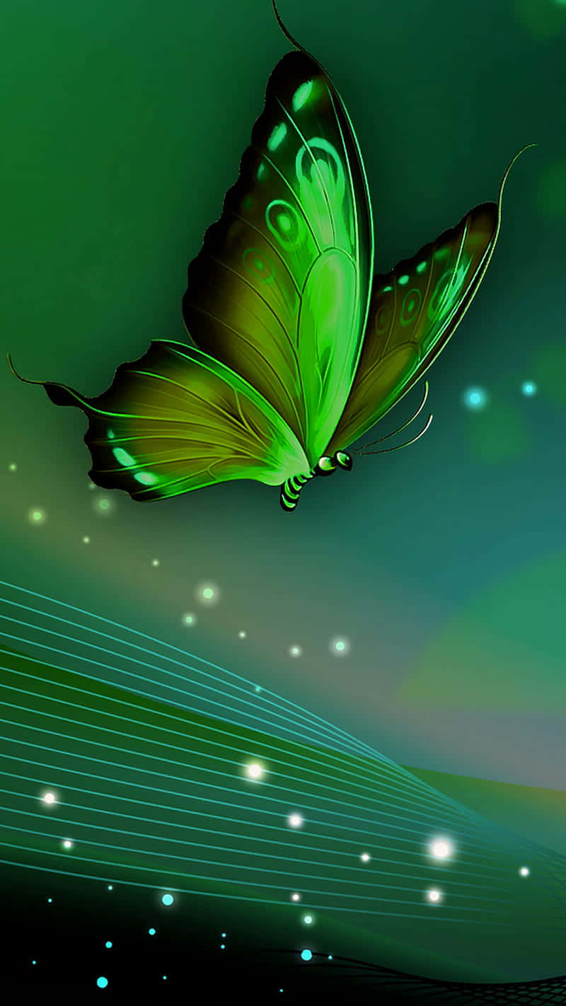 Glitter Butterfly 桌布 壁紙 — 一隻帶有複雜翅膀圖案的發光綠色蝴蝶，優雅地滑過一個閃爍著光芒的發光青綠色和深綠色抽象空間。