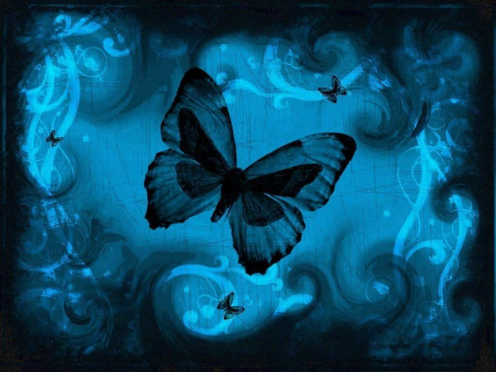 Cool Butterfly 桌布 壁紙 — 一隻帶有複雜翅膀的大型深色蝴蝶漂浮在旋轉的藍色背景上，帶有發光的華麗圖案和較小的蝴蝶。