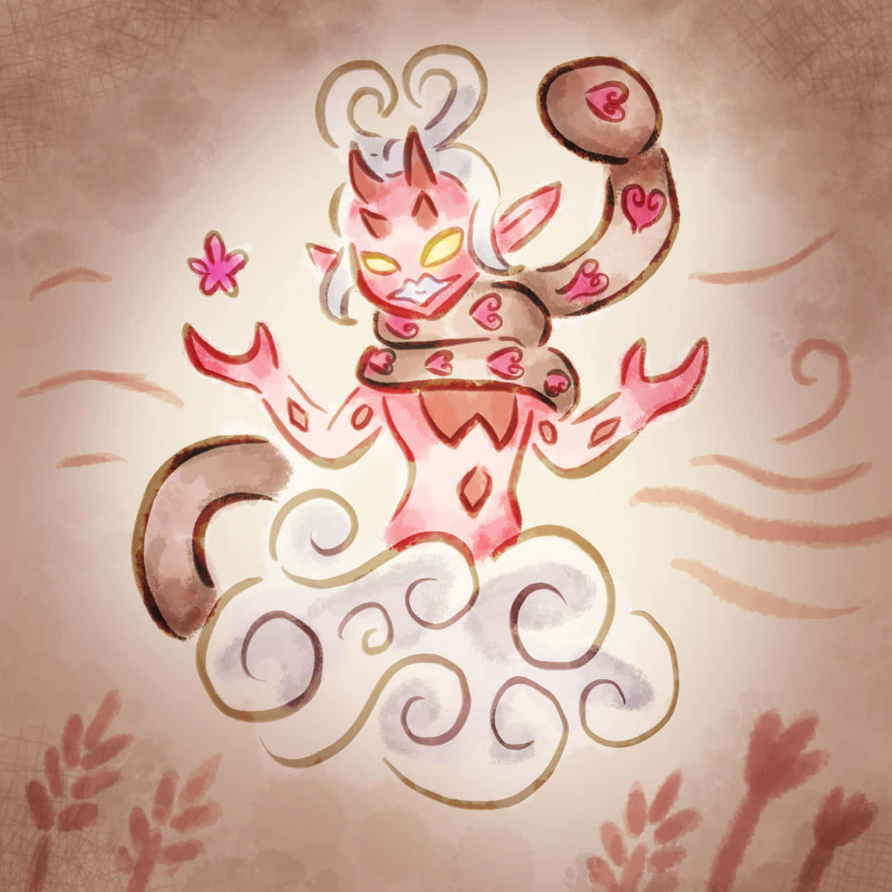 寶可夢 桌布 壁紙 — 一隻帶有角和心形的異想天開粉紅色卡通生物，漂浮在麥稈上方的雲朵上，採用柔和的水彩風格。