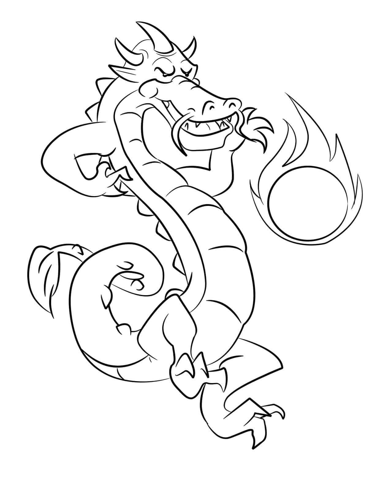 Dragon Coloring 桌布 壁紙 — 一隻帶有角和爪子的頑皮卡通龍在白色背景上以粗黑輪廓噴火。