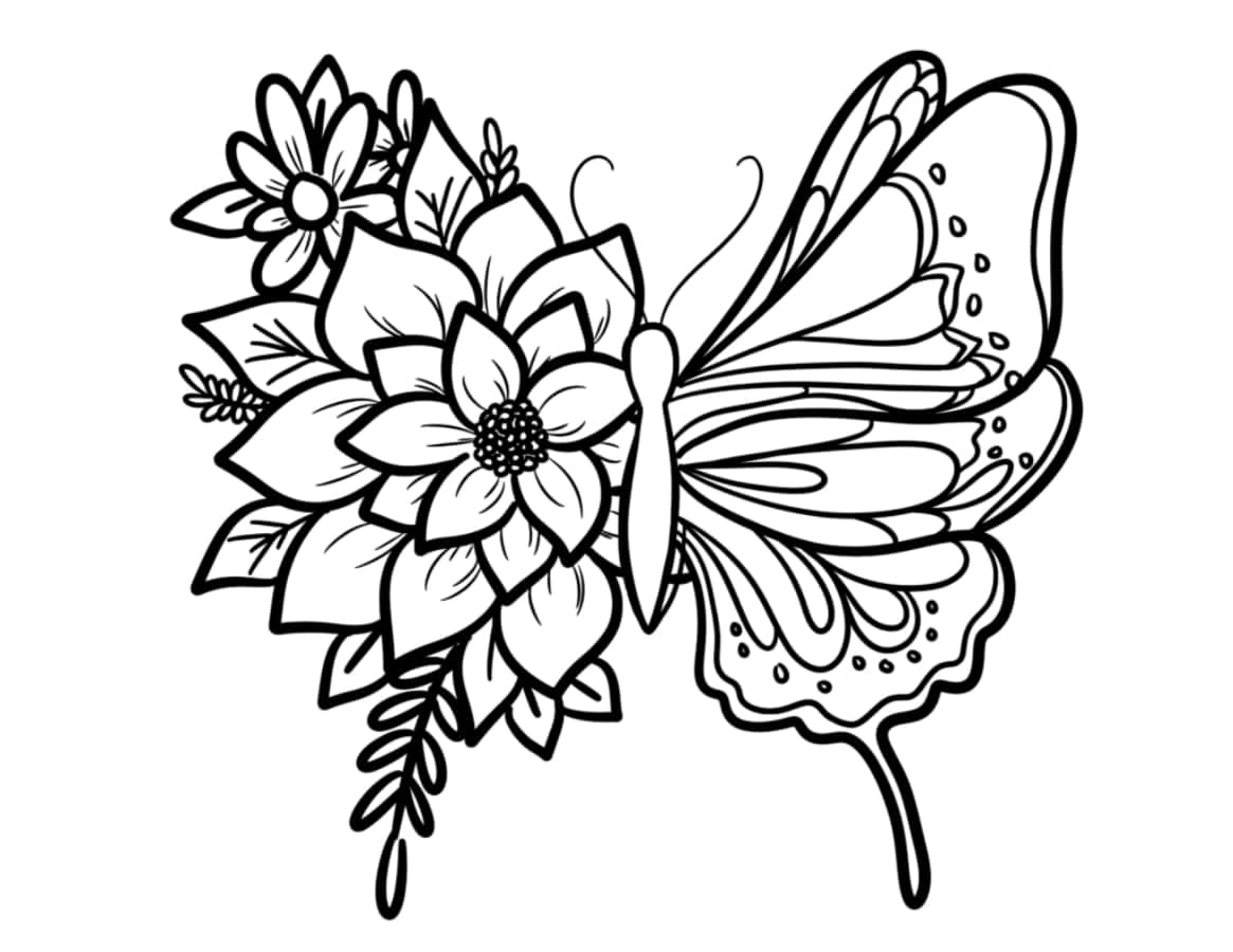 coloring 桌布 壁紙 — 一隻帶有詳細翅膀的蝴蝶旁邊有一簇風格化的花朵和葉子的黑白線條畫。