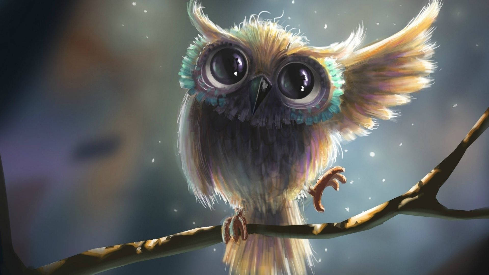 Baby Owl 桌布 壁紙 — 一隻帶有超大眼睛和蓬鬆羽毛的奇思妙想卡通貓頭鷹棲息在樹枝上，背景柔和發光。