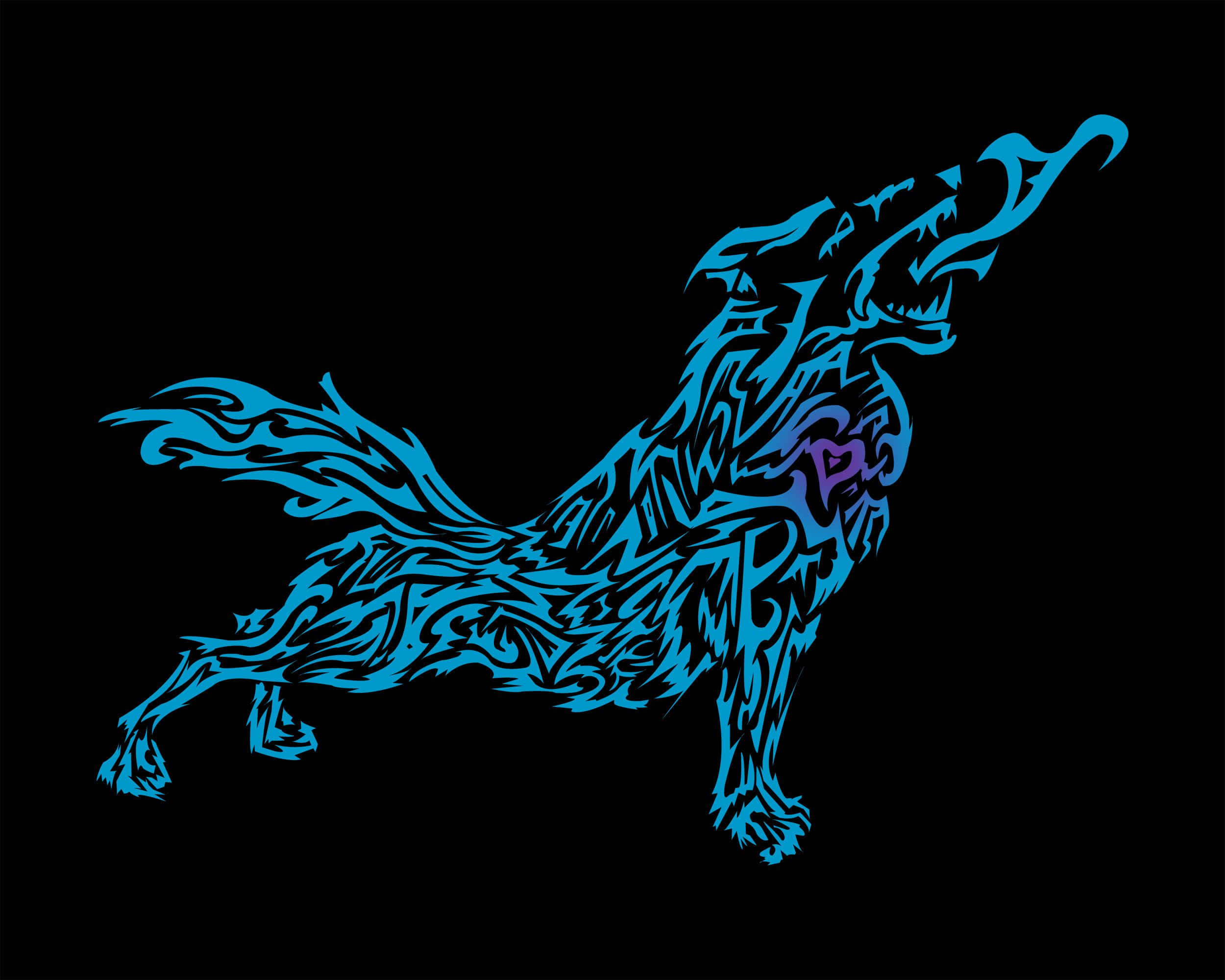Tribal Wolf 桌布 壁紙 — 一隻帶有部落圖案的風格化藍色狼在黑色背景前嚎叫，散發著電能光芒。