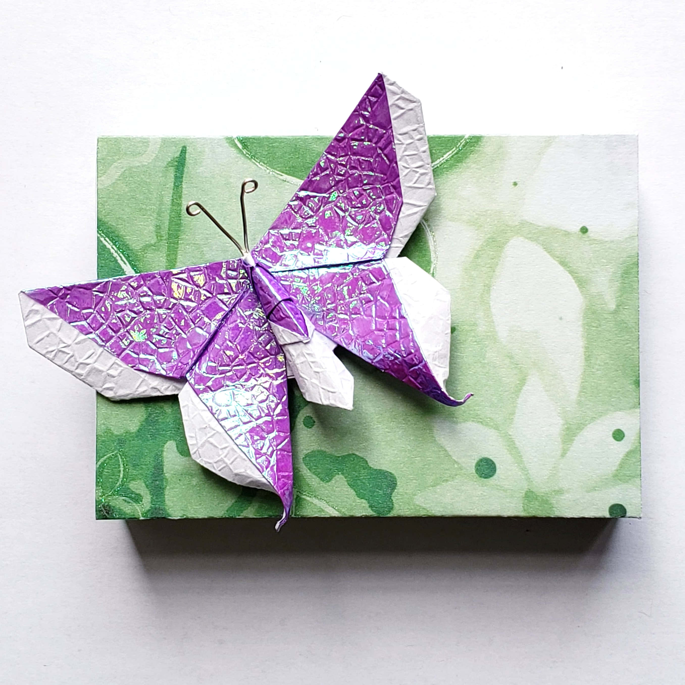 Butterfly Origami 桌布 壁紙 — 一隻帶有金屬質感的鮮豔紫白色摺紙蝴蝶，停放在一個綠色水彩圖案盒子上。