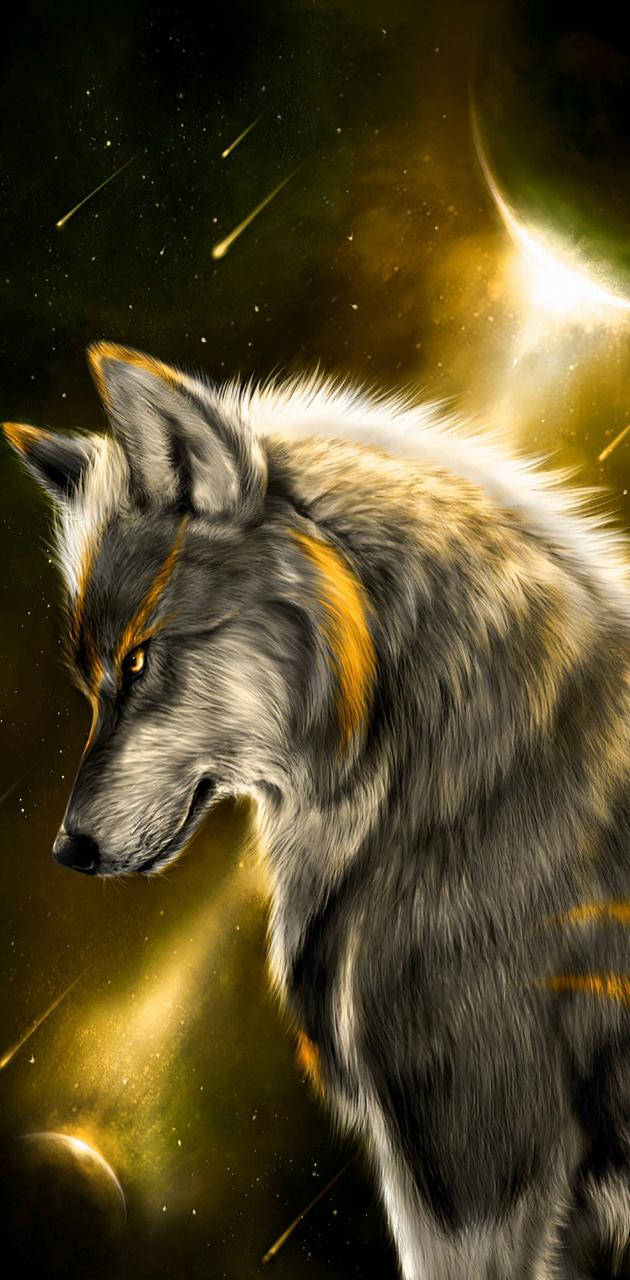 狼 桌布 壁紙 — 一隻帶有金色條紋的雄偉狼隻，在星星和發光星雲的宇宙背景下向前凝視。