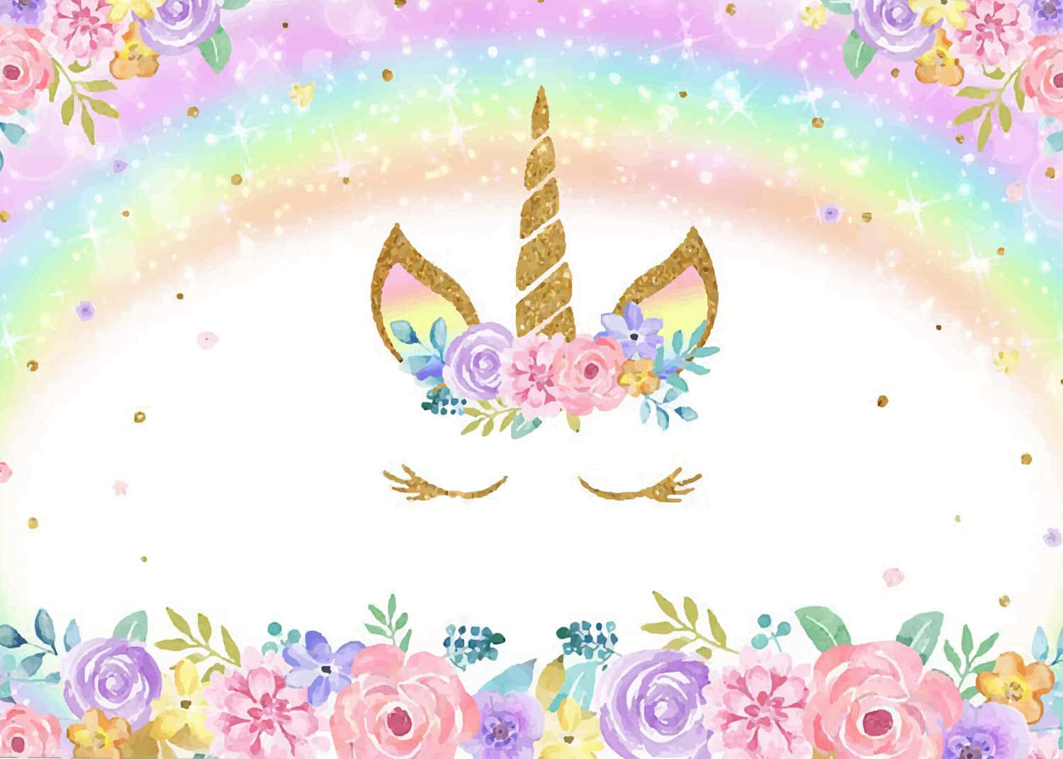 Unicorn Rainbow 桌布 壁紙 — 一隻帶有金色獨角與花冠的奇幻獨角獸在閃爍彩虹下休息，周圍環繞著粉彩花朵。