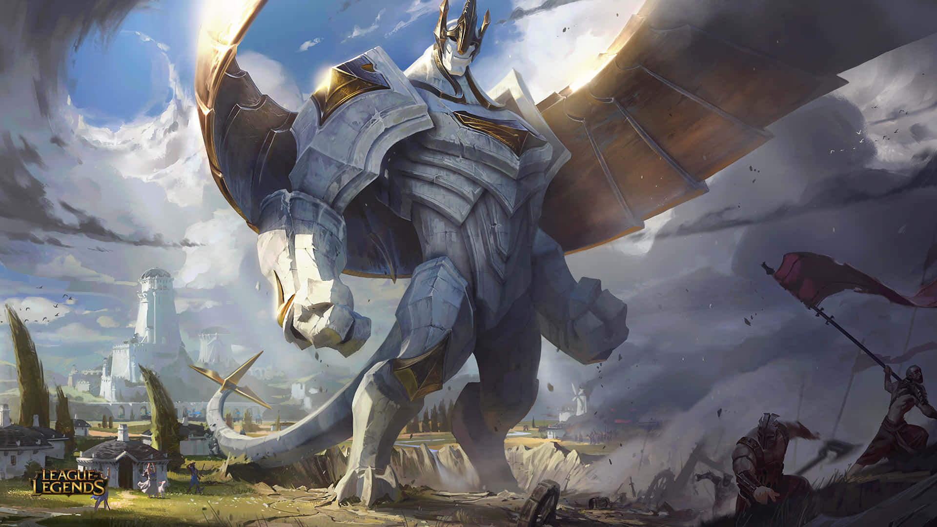 Best League Of Legends 桌布 壁紙 — 一隻帶有金色點綴的巨型裝甲龍穿過戰火蹂躪的景觀，下方有細小的戰士在戰鬥。