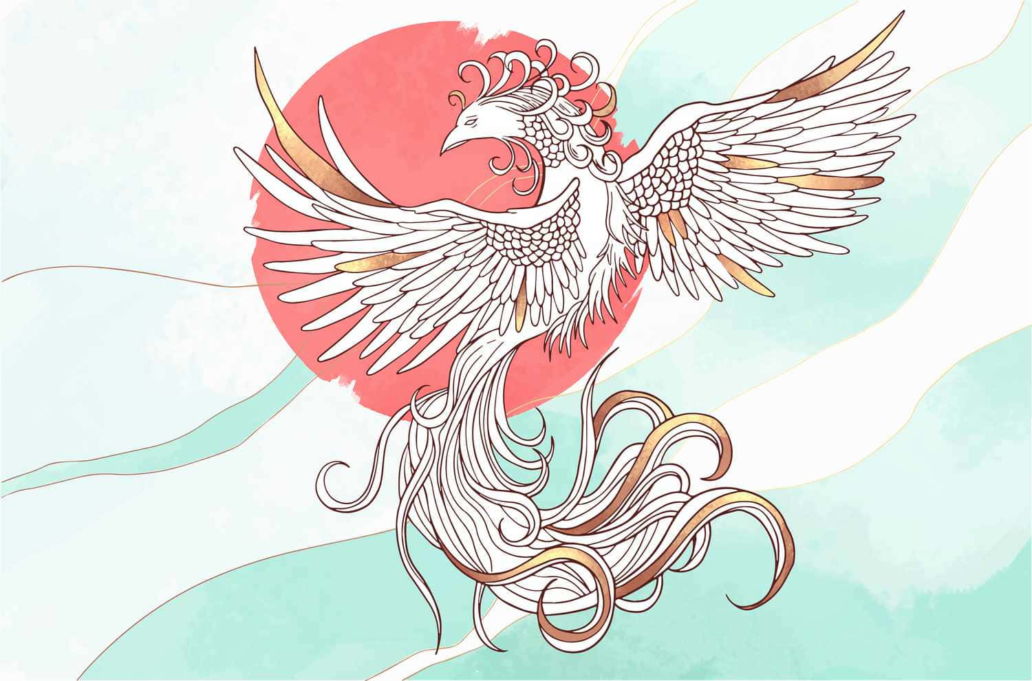 Mythical 桌布 壁紙 — 一隻帶有金色點綴的雄偉白色鳳凰，在紅日和流動的青綠色雲彩前展翅飛翔。