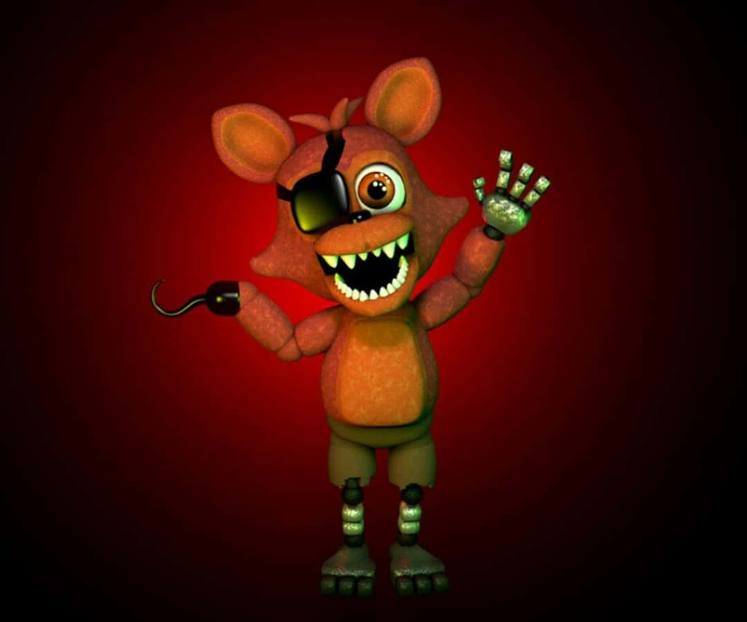 Foxy The Pirate 桌布 壁紙 — 一隻帶有鉤手和發光綠色眼睛的威脅性橙色電子動畫狐狸在深紅色漸變背景上揮手。
