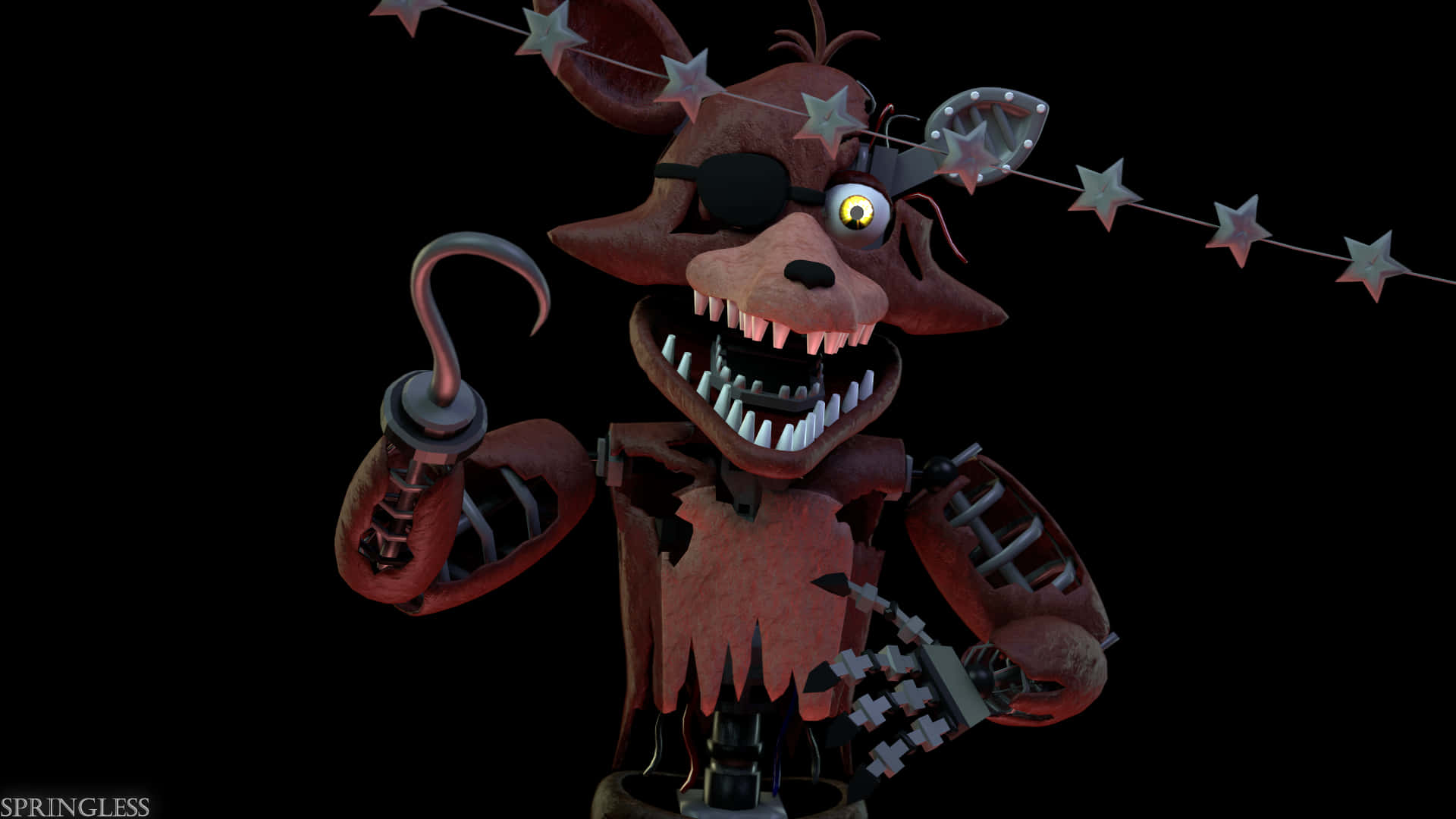 Foxy 桌布 壁紙 — 一隻帶有鉤手和眼罩的威脅性電子動畫狐狸，站在裝飾著星星花環的黑色背景前。